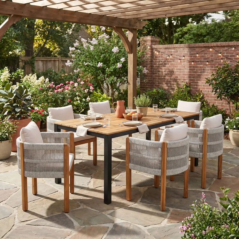 7 Piece Outdoor Dining Set With Table And 6 Chairs - Beige / Teak / White by HouseOfZazla