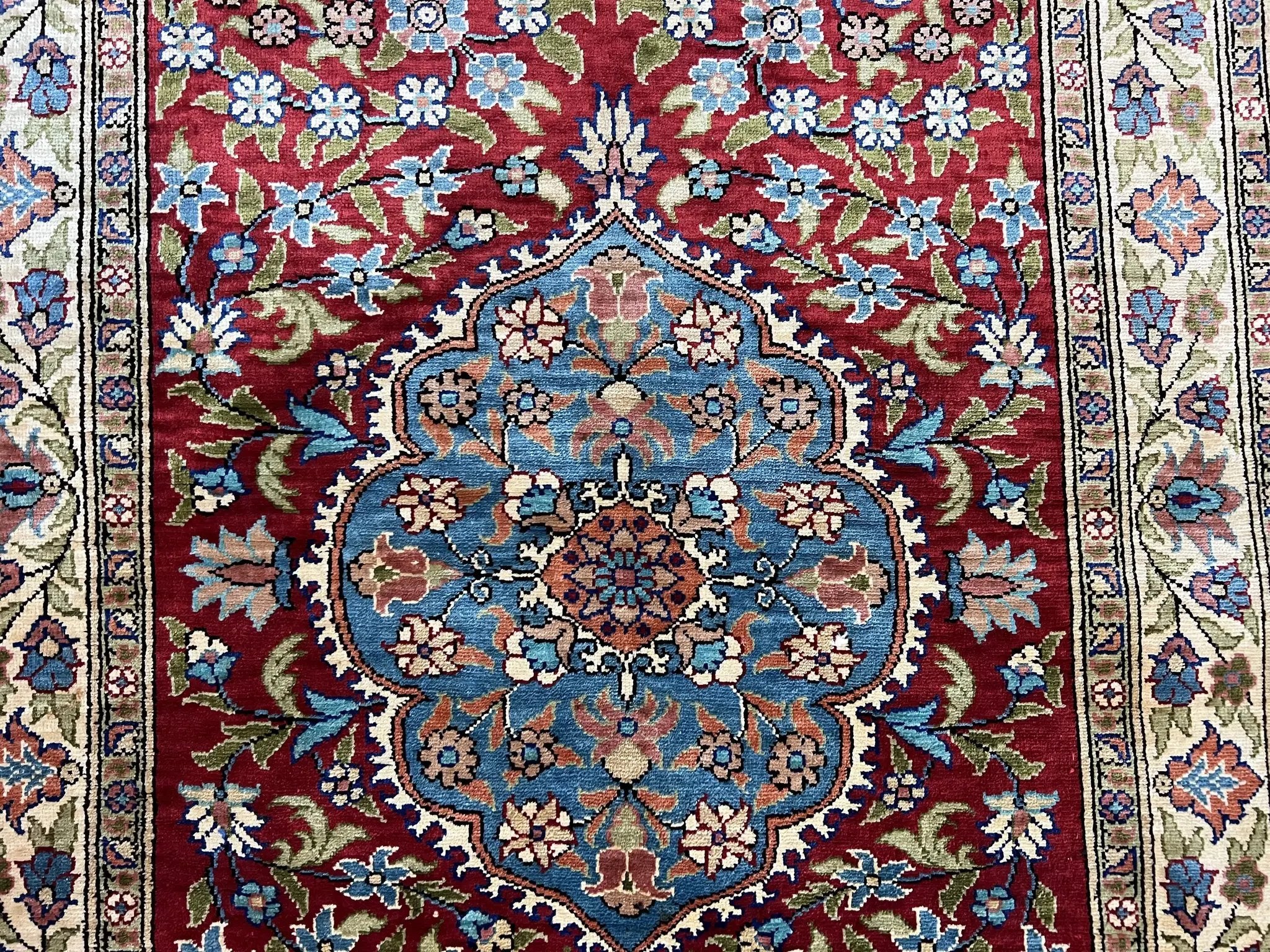 Silk Turkish Kayseri Rug 2x3, Small All Silk Turkish Carpet, Red and Light Blue, Very Fine Hand Knotted Semi Antique Vintage Handmade Rug by Jewel Rugs