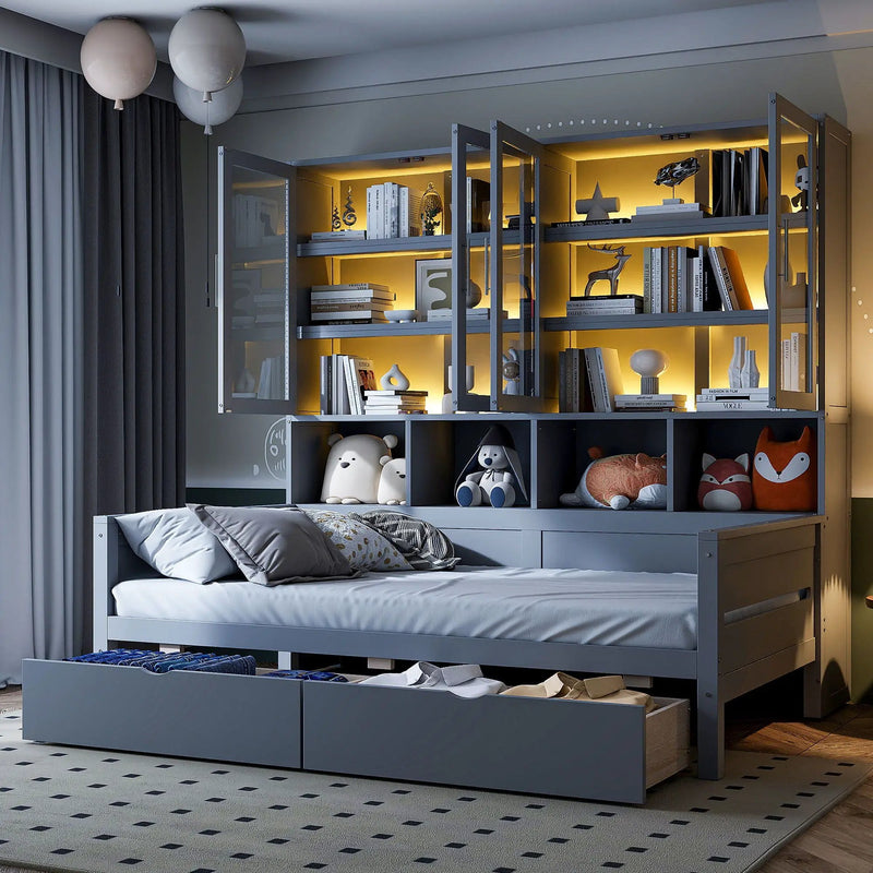 Daybed With Glass Door Storage Cabinets, Built In LED Lighting And Shelves by Unique Piece Furniture