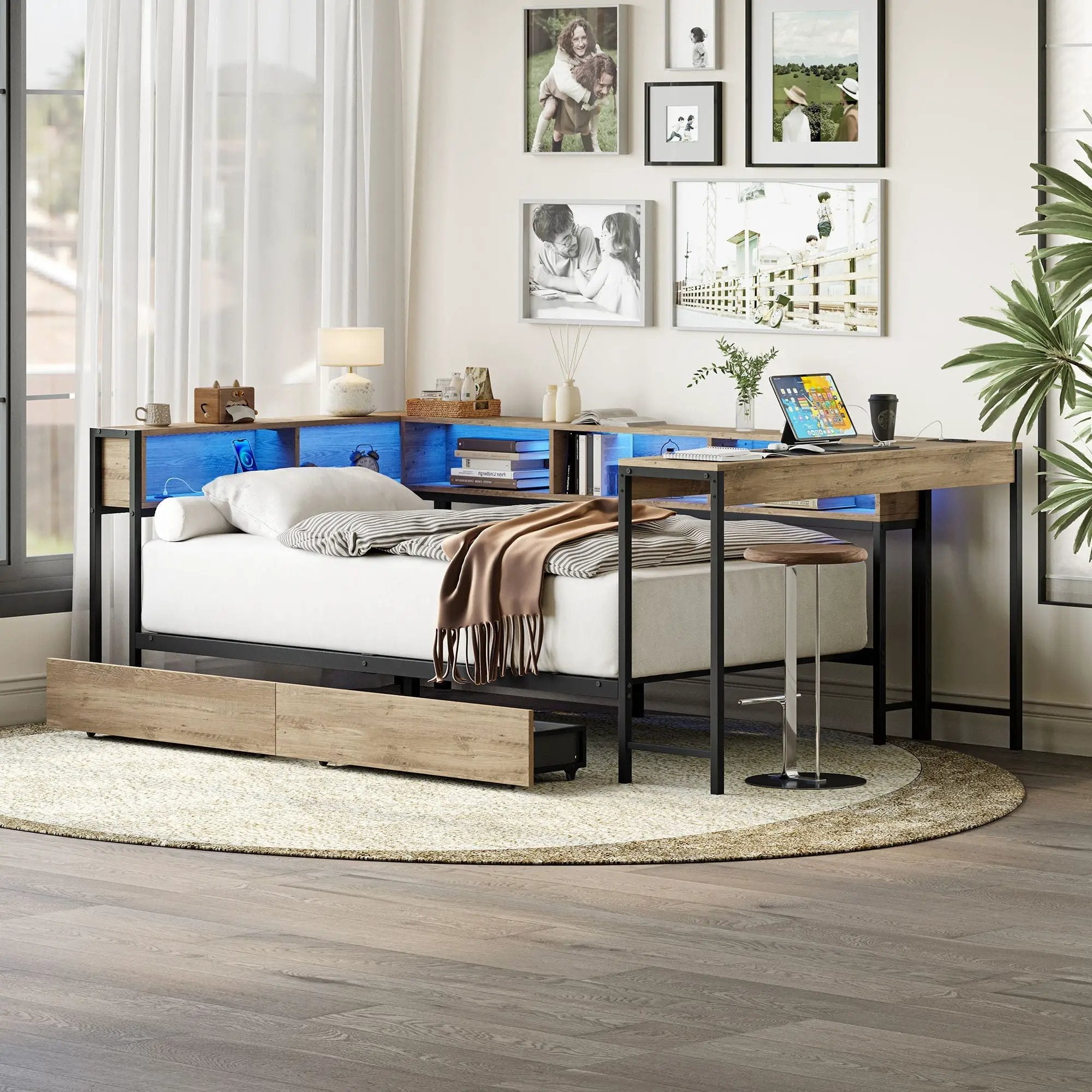 Corner Bed Frame Twin Size With Bookcase And 2 Underbed Storage Drawers, Modern Twin Bed With LED Light And Charging Station, Modern Daybed Reversible Left Or Right - Gray by HouseOfZazla