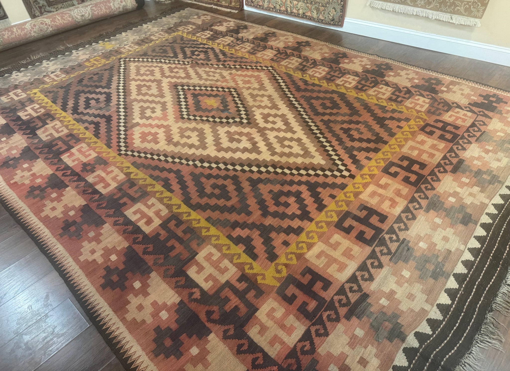 Antique Persian Tribal Kilim Rug 9x12, Zig Zag Pattern Kilim, Zarand Rug, Wool, Earth Tone Colors by Jewel Rugs