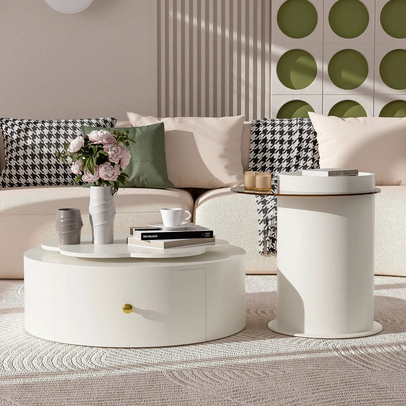 Modern Round Coffee Table (Set of 2), 360 Degree Rotatable Flower Shaped Top With 2 Drawers, Top Circle Side Table End Table With Glass For Living Room - Off White by HouseOfZazla