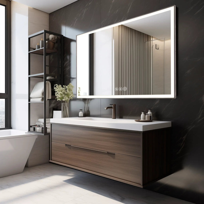 Modern LED Bathroom Vanity Mirror With Aluminum Frame, 45° Beveled Lights, Anti Fog - Silver by Unique Piece Furniture