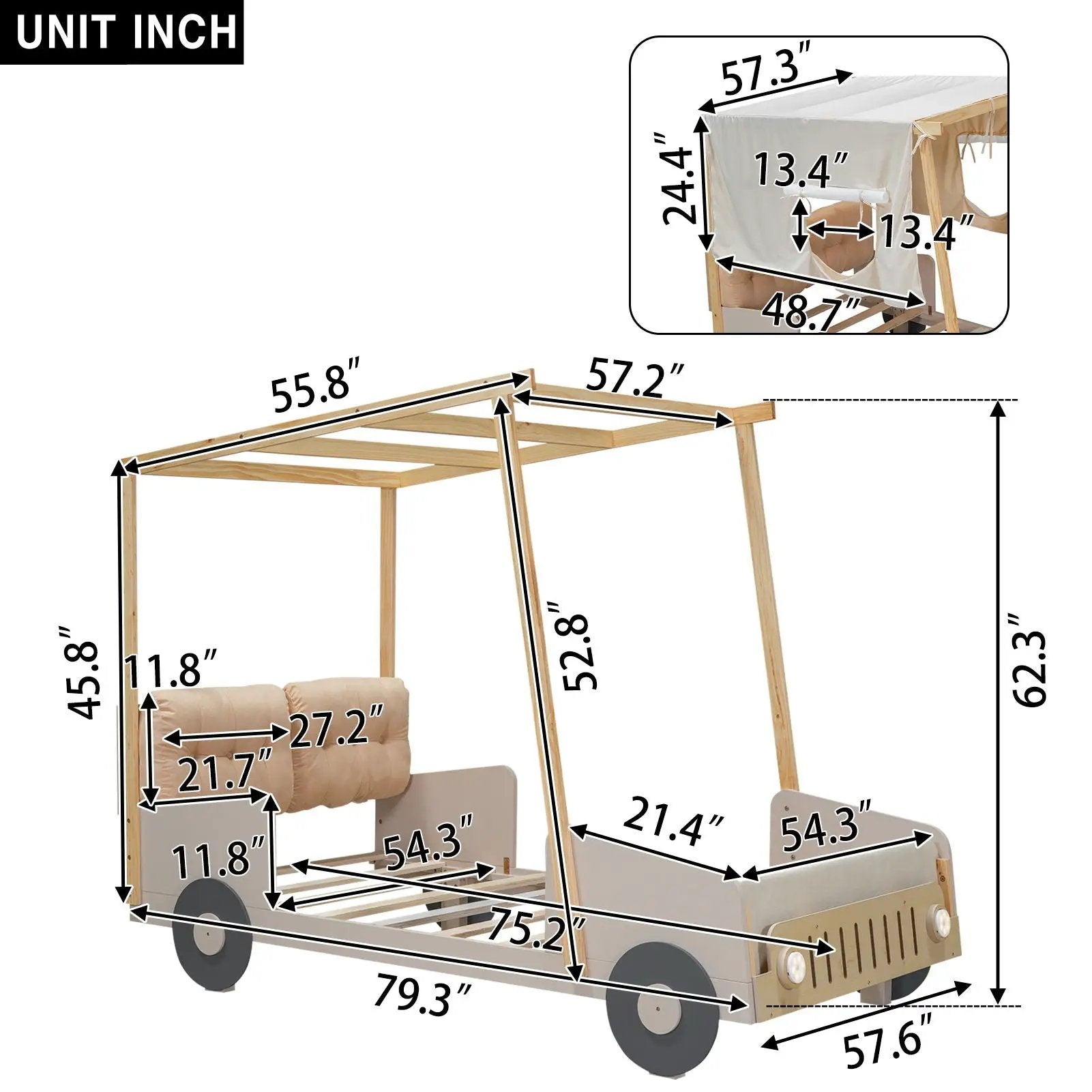 Twin Size Car Bed & Pillow, Ceiling Cloth And LED - Natural by Unique Piece Furniture