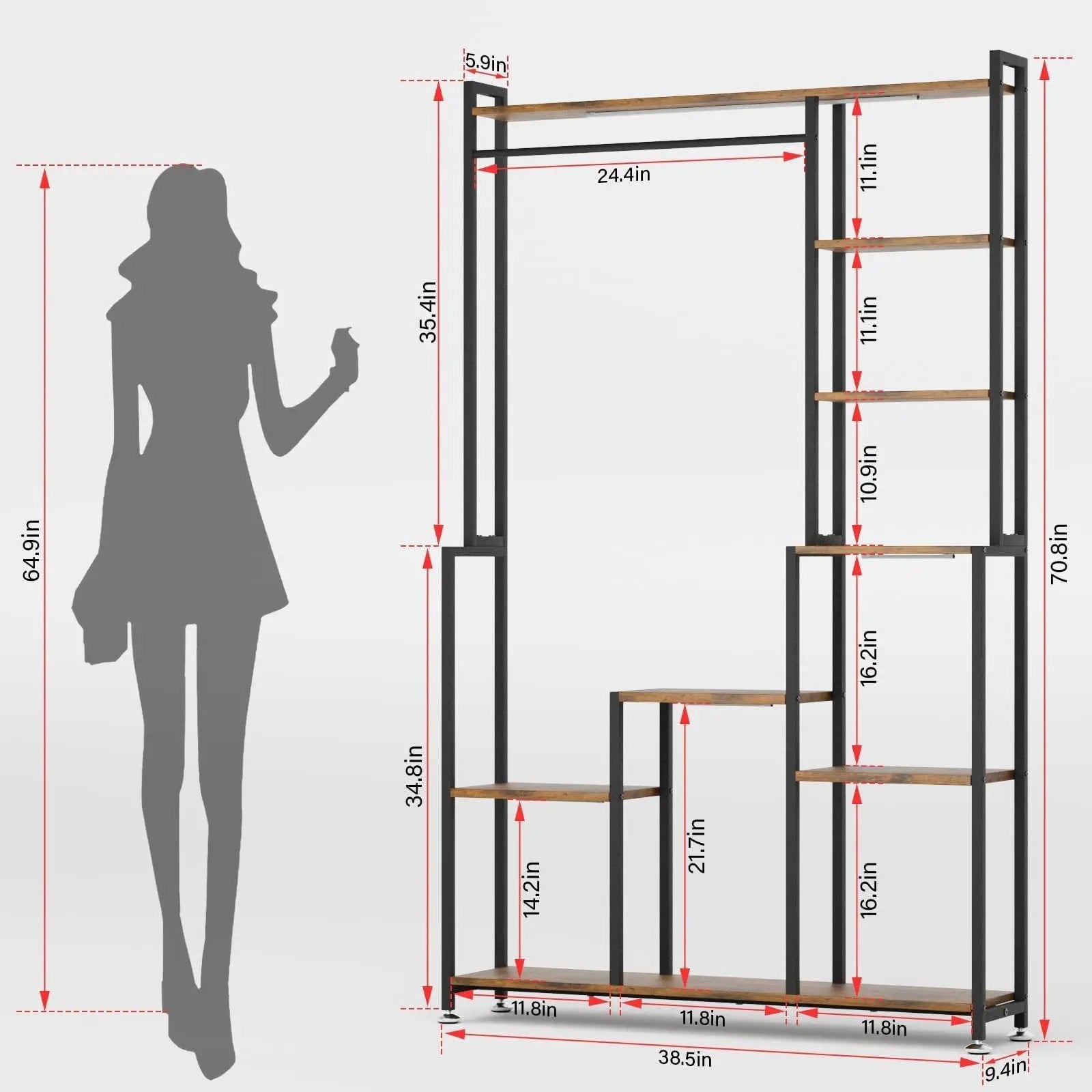 Large Plant Stand Indoor With Grow Light, Tall Plant Shelf, 8 Tiered Heavy Duty Metal Plant Stand, Square Flower Stand Display Rack For Living Room - Walnut / Black by Unique Piece Furniture