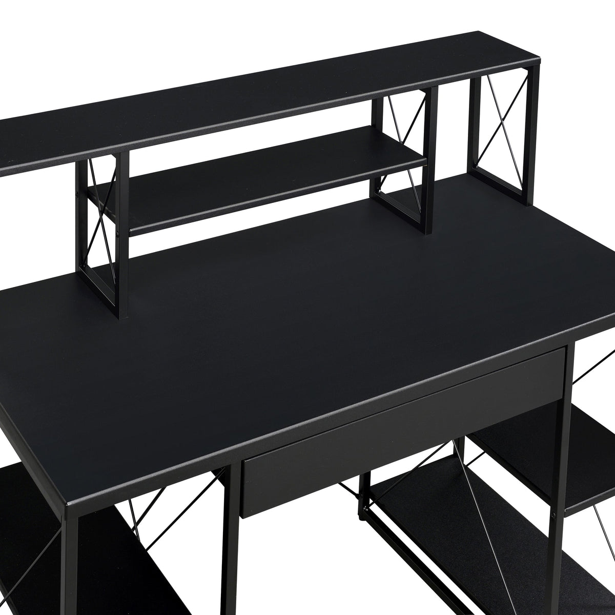 Black Office Desk with Open Shelves and Hutch - Black, photo 5 of 8