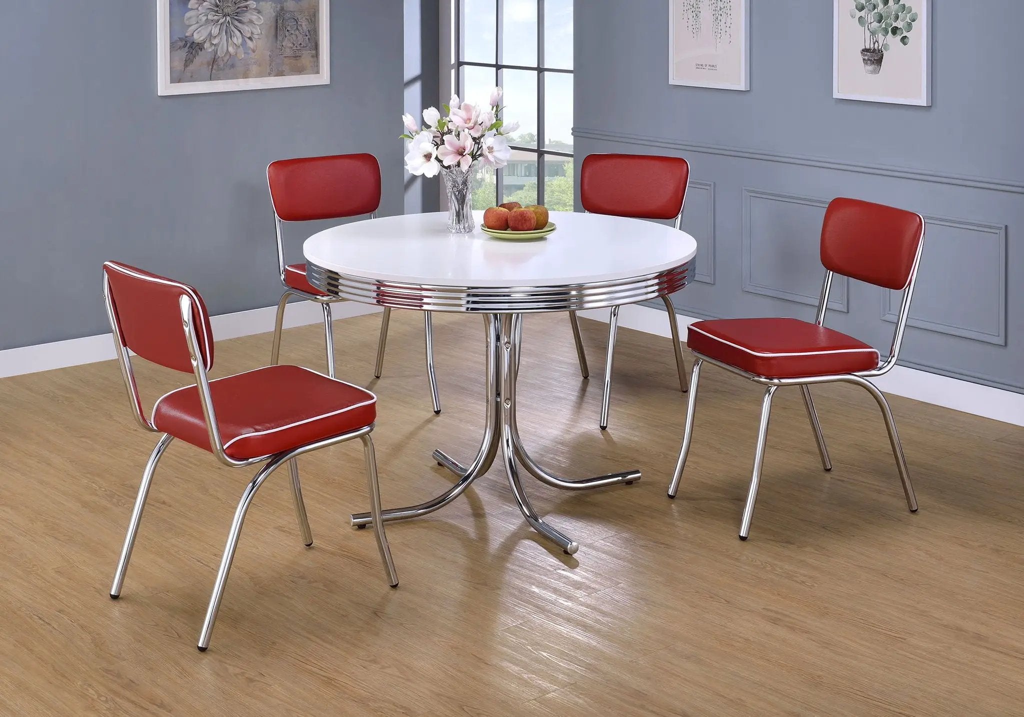 Retro Round 42-inch Wood Top Dining Table White and Chrome by Unique Piece Furniture