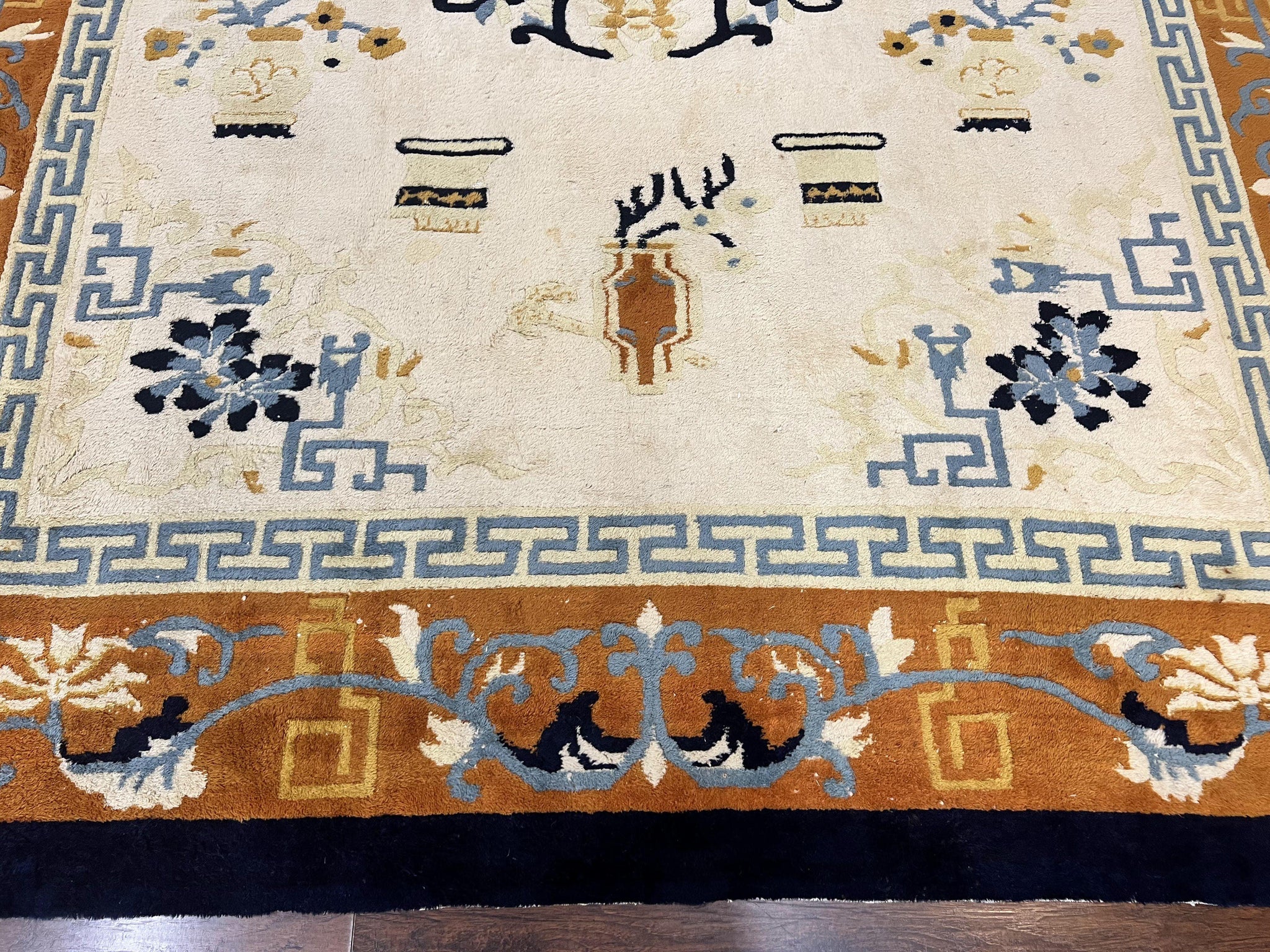 Indo Chinese Rug 9x12, Asian Oriental Carpet 9 x 12, Cream & Burnt Orange, Handmade Wool Vintage Art Deco Rug by Jewel Rugs