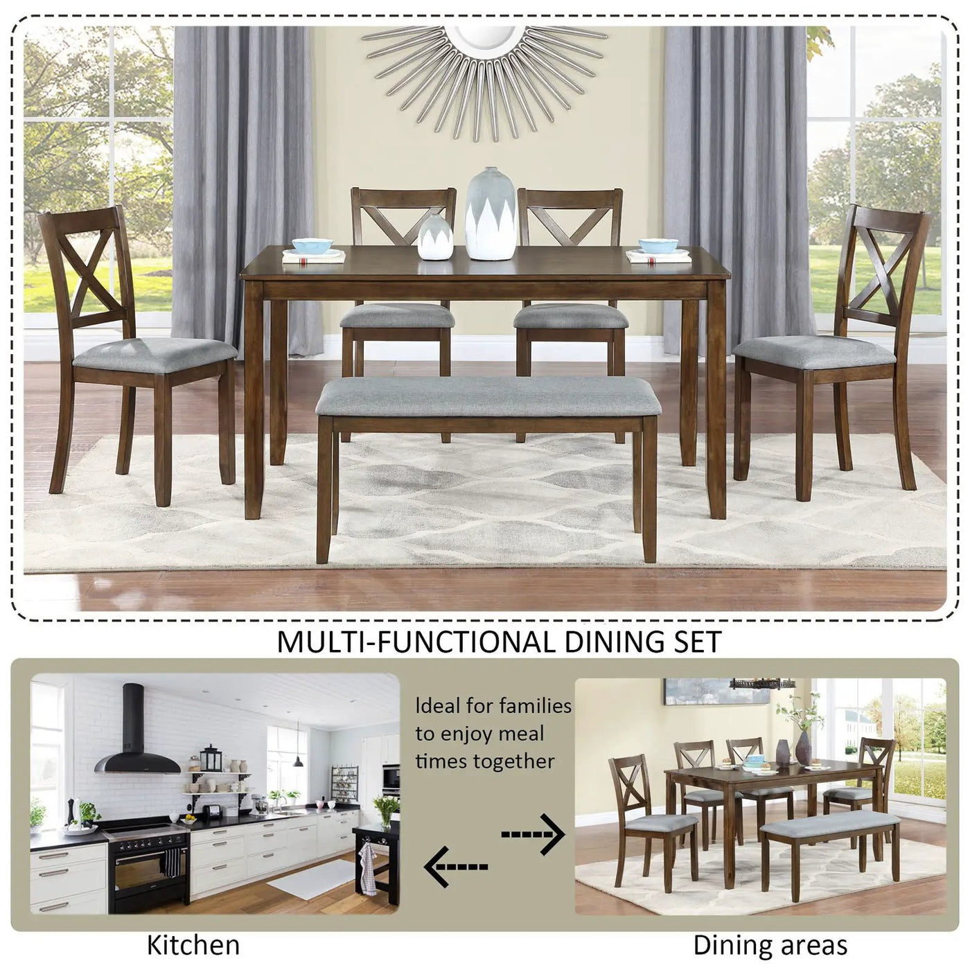 6 Pieces Kitchen Dining Set, Rectangular Wooden Dining Table With 4 Chairs And A Bench by HouseOfZazla