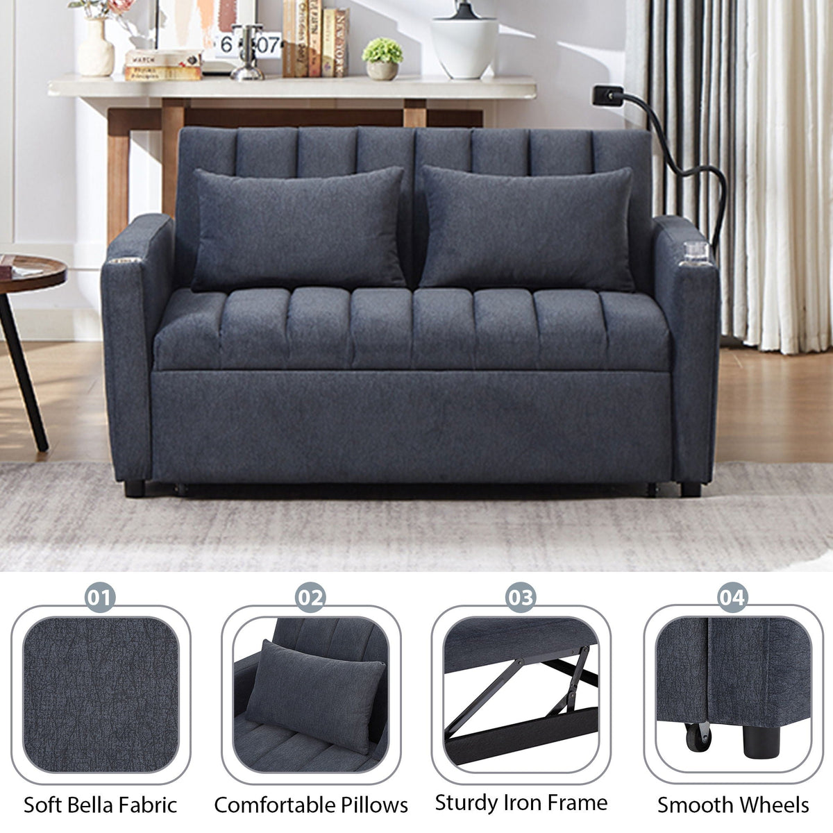 Convertible Sofa Bed Loveseat Sofa With Three USB Ports, Two Side Pockets, Two Cup Holders And 360° swivel Phone Holder For Living Room, photo 17 of 19