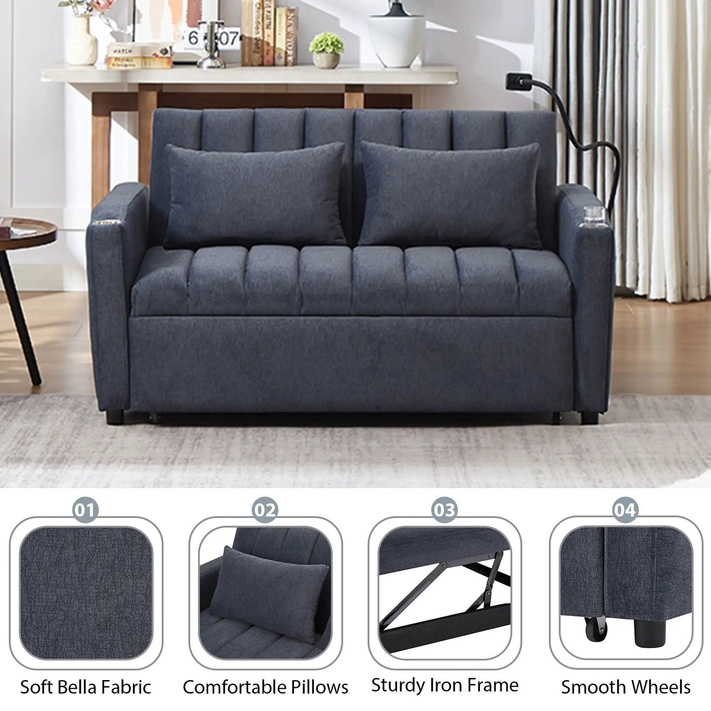 Convertible Sofa Bed Loveseat Sofa With Three USB Ports, Two Side Pockets, Two Cup Holders And 360° swivel Phone Holder For Living Room by Unique Piece Furniture