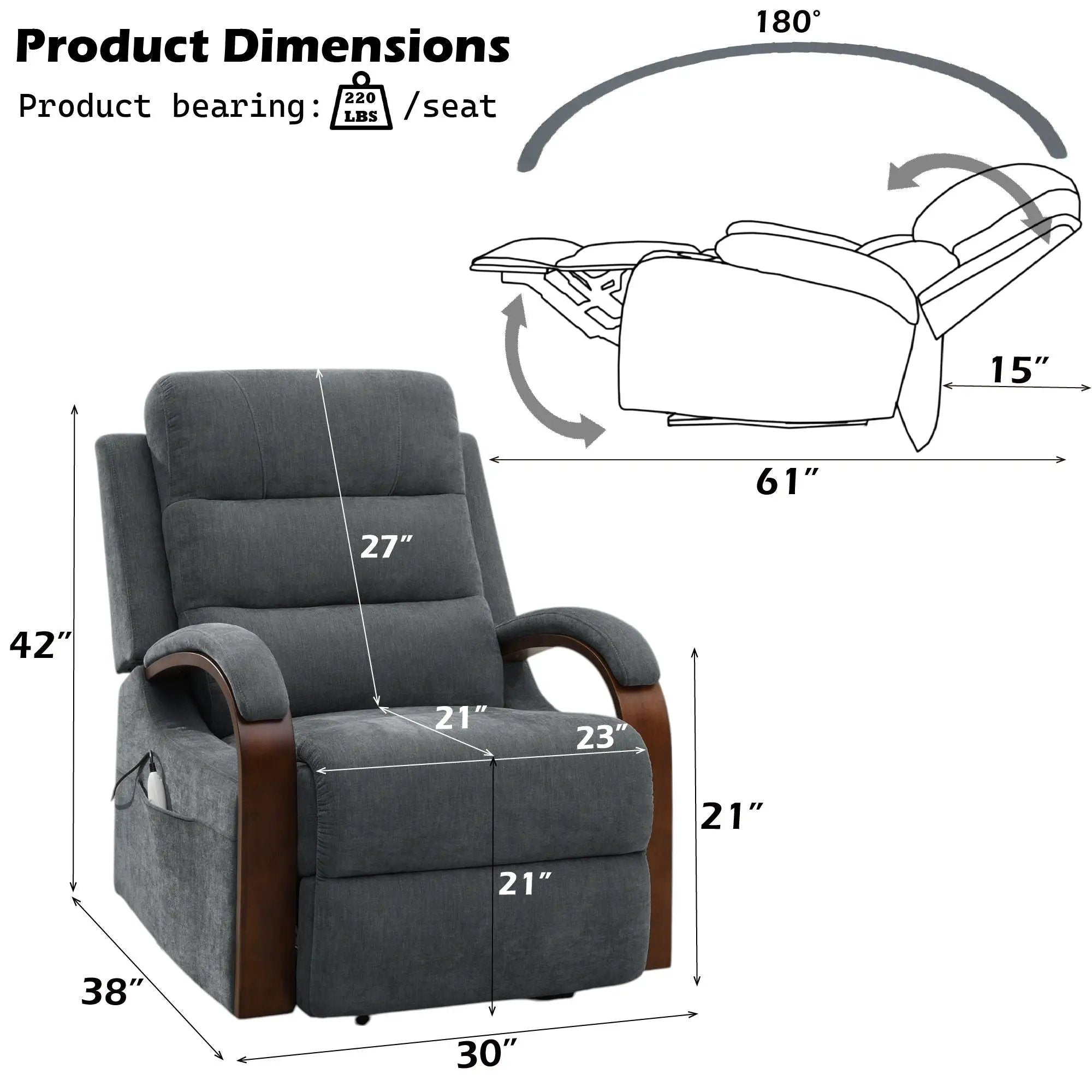 Kayla Power Recliner With Lift, Heating & Massage (Zero Gravity) - Gray by HouseOfZazla