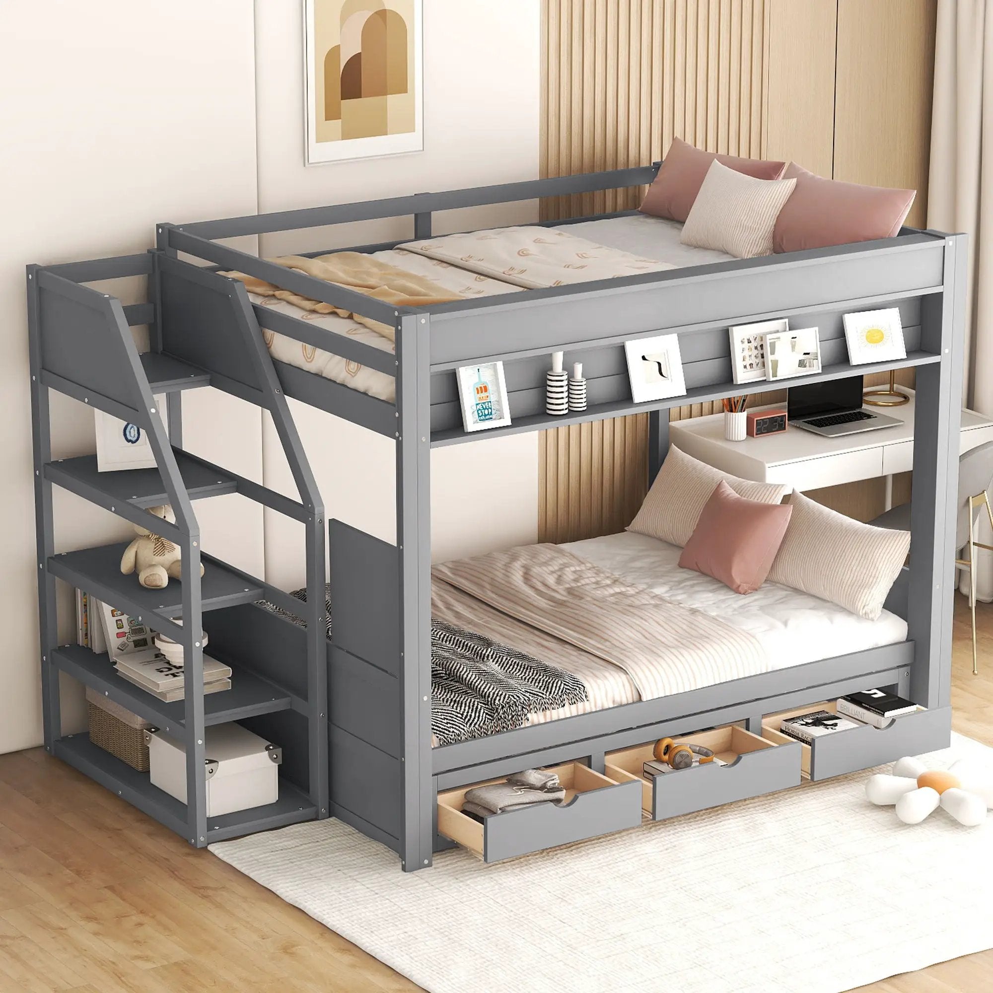 Wood Full Size Convertible Bunk Bed With Storage Staircase, Bedside Table, And 3 Drawers - Gray by Unique Piece Furniture
