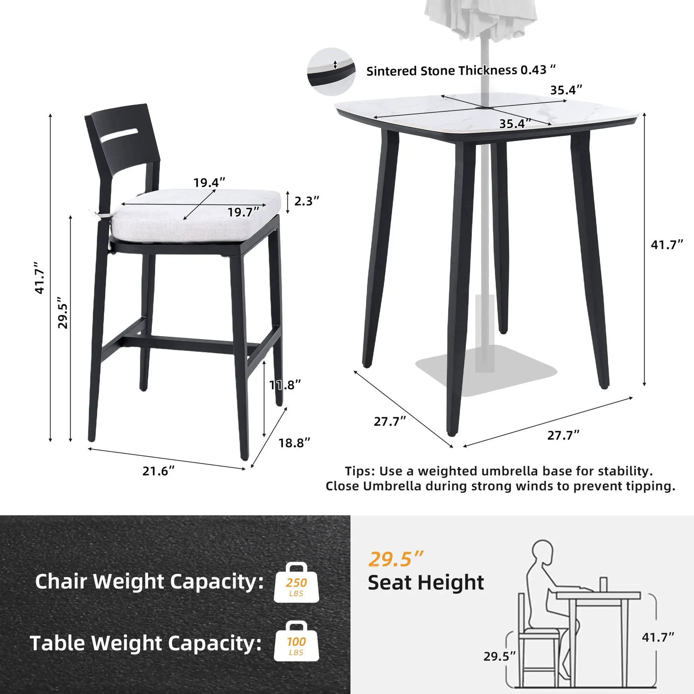 Modern Outdoor Patio Bar Set, Rounded Square Table & Bar Chairs, Non Rust Frame, Tapered Legs, Sunbrella Cushion by HouseOfZazla
