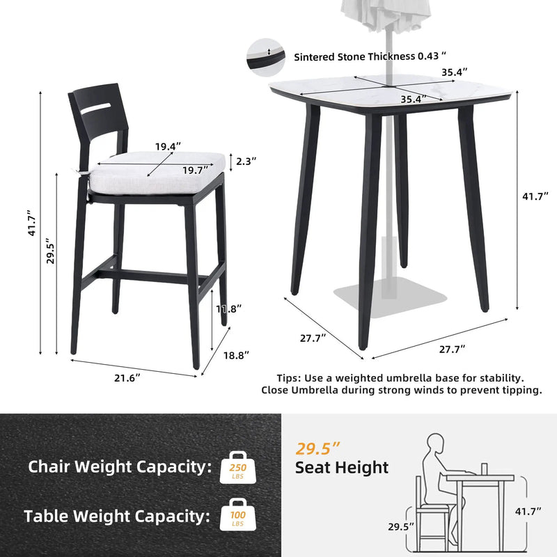 Modern Outdoor Patio Bar Set, Rounded Square Table & Bar Chairs, Non Rust Frame, Tapered Legs, Sunbrella Cushion by HouseOfZazla