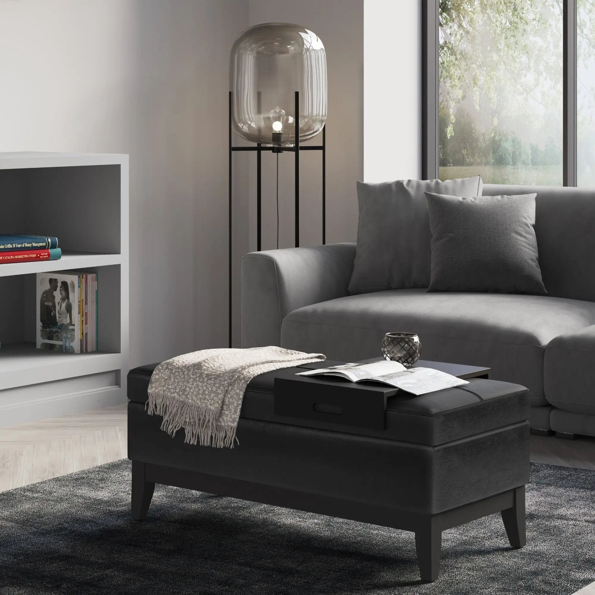 Oregon - Storage Ottoman Bench With Tray - Distressed Black by Unique Piece Furniture