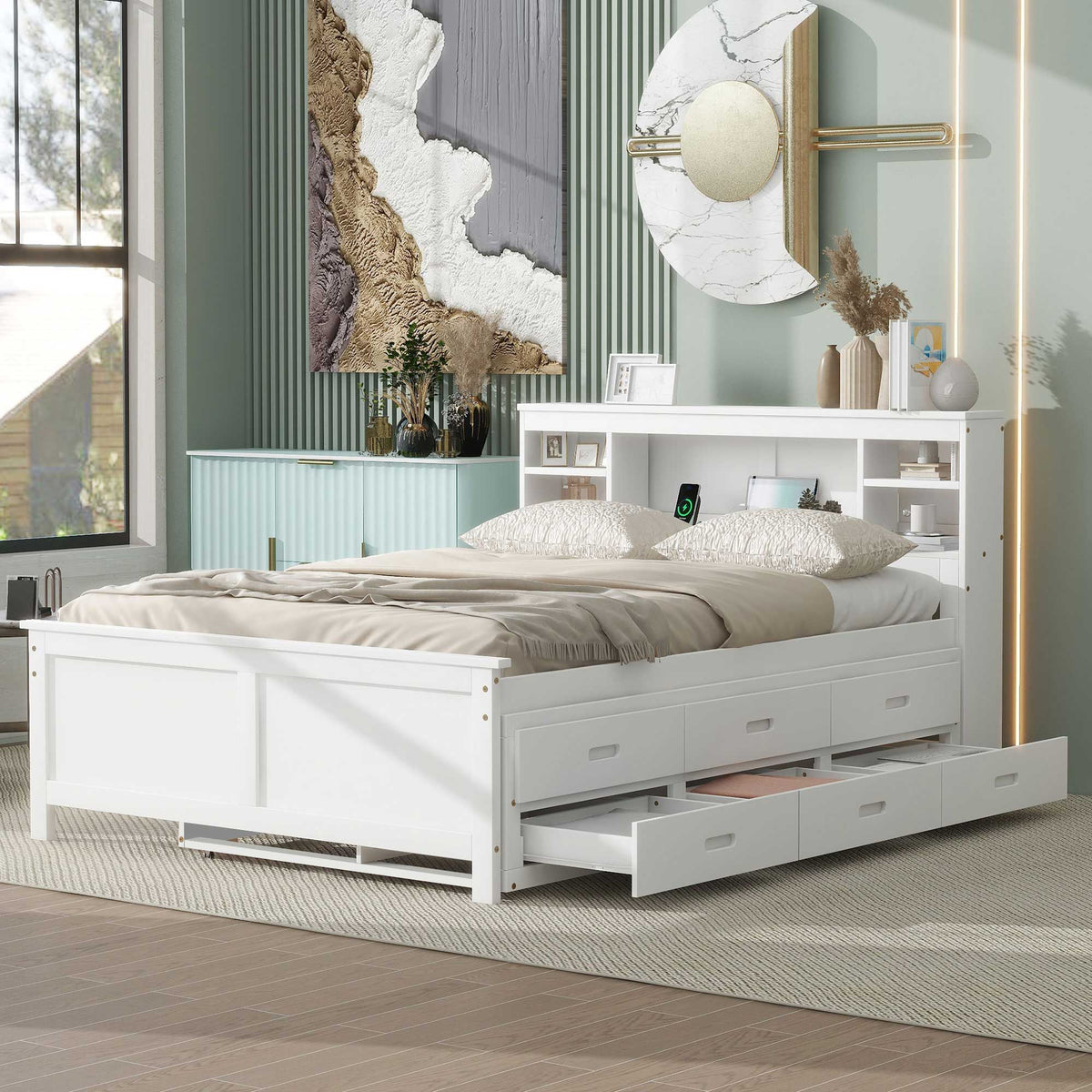 Platform Bed With Storage Headboard, USB, Trundle And 3 Drawers, photo 26 of 28