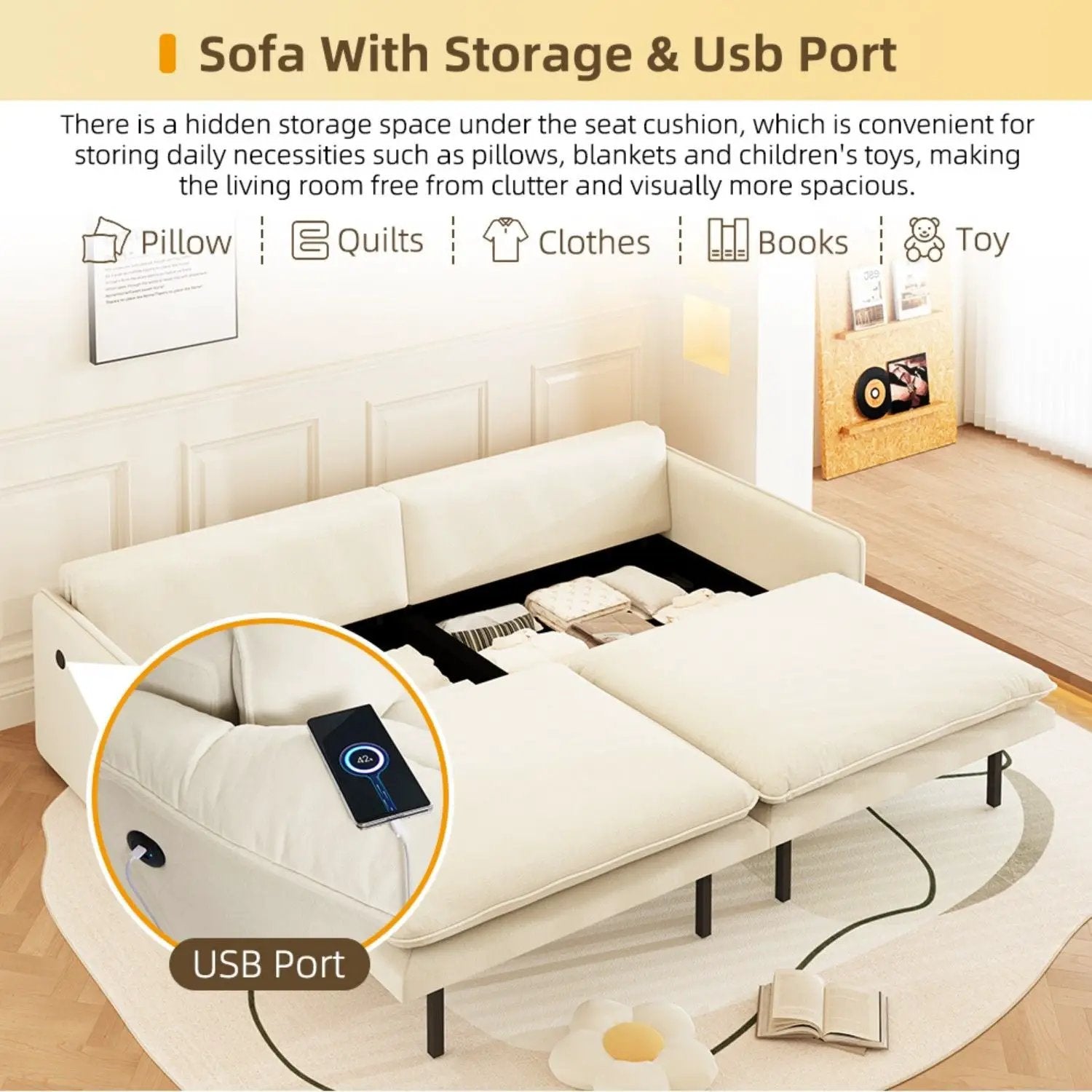4 Seat Convertible Sleeper Sofa Bed, Modern With Storage by HouseOfZazla