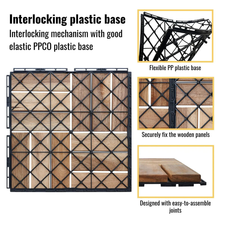Interlocking Deck Tiles Checker Pattern, Square Acacia Hardwood Outdoor Flooring For Patio, Bancony, Pool Side by HouseOfZazla