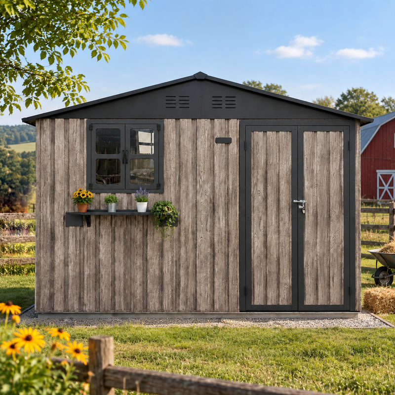 10x8 FT Outdoor Metal Storage Shed with Window & Flower Rack, Lockable Double Doors Tool Shed, Waterproof Weatherproof Garden Shed for Backyard Patio,Grey+Black., photo 4 of 9