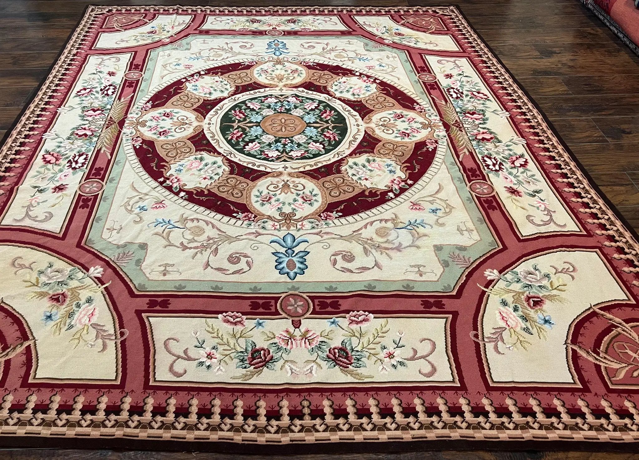 Needlepoint Rug 7.9 x 9, Beige Maroon Rose, Handmade Handwoven Flatweave Aubusson Savonnerie French European Elegant Carpet, Wool Rug by Jewel Rugs