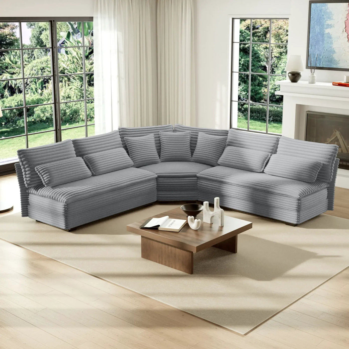 5 Seater L Shaped Sectional Sofa With Curved Corner, 7 Pillows by Unique Piece Furniture