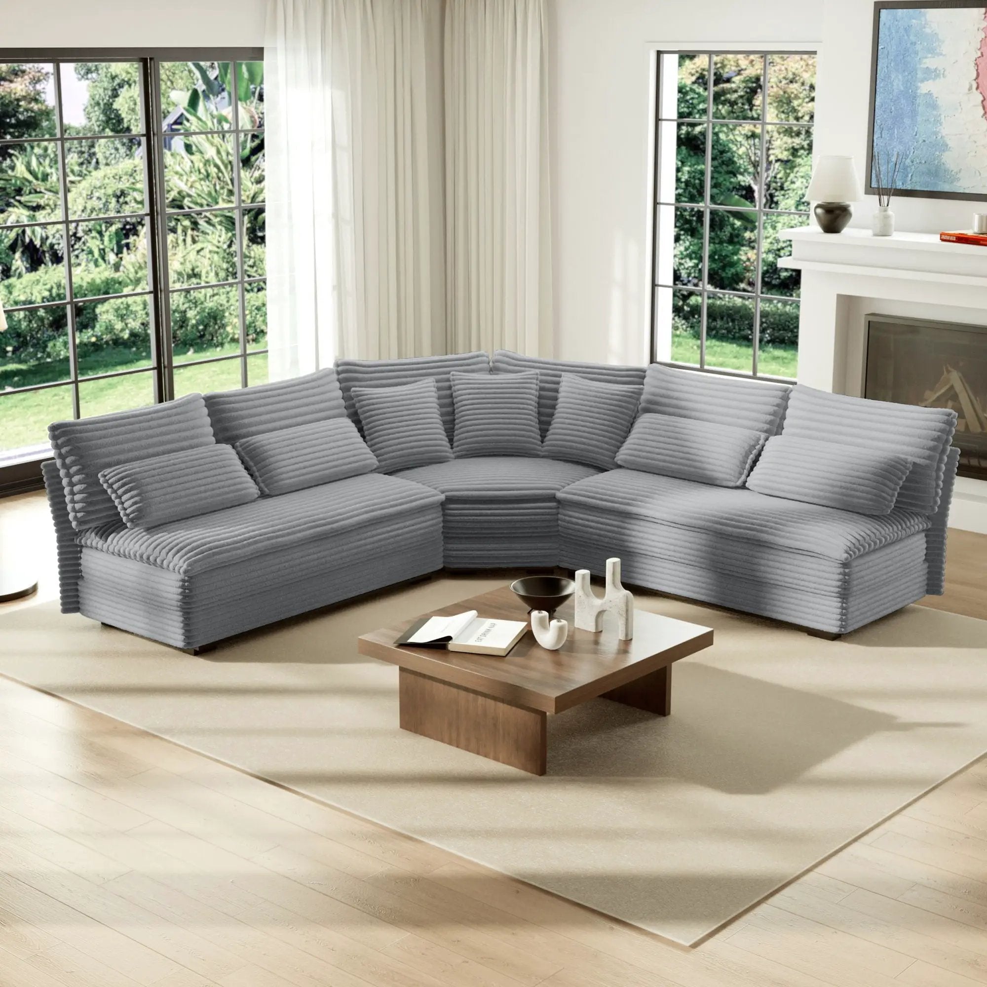 5 Seater L Shaped Sectional Sofa With Curved Corner, 7 Pillows by Unique Piece Furniture