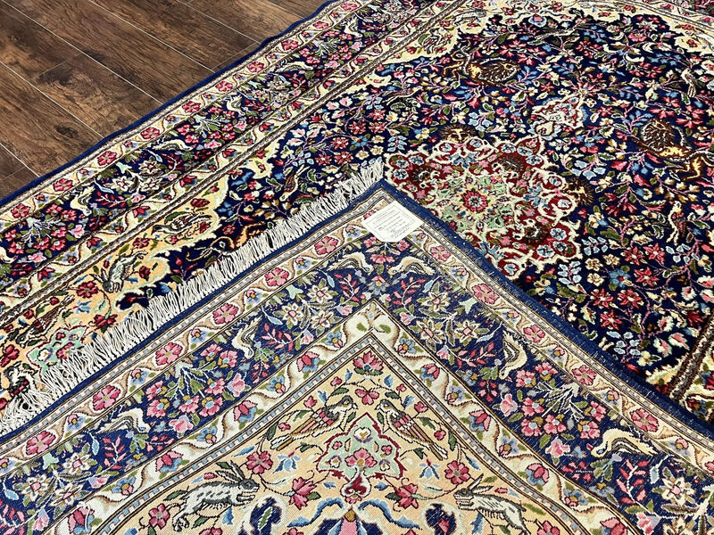 Persian Kirman Rug 6x9, Floral Medallion Vintage Wool Handmade Carpet 6 x 9, Animal Pictorials Birds, Semi Antique, Navy Blue, Millefleur by Jewel Rugs