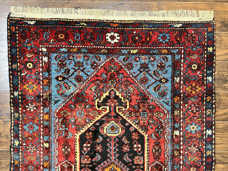 Antique Persian Tribal Rug 4x7, Wool Handmade 1920s Carpet, Red Blue, Persian Hamadan Rug by Jewel Rugs