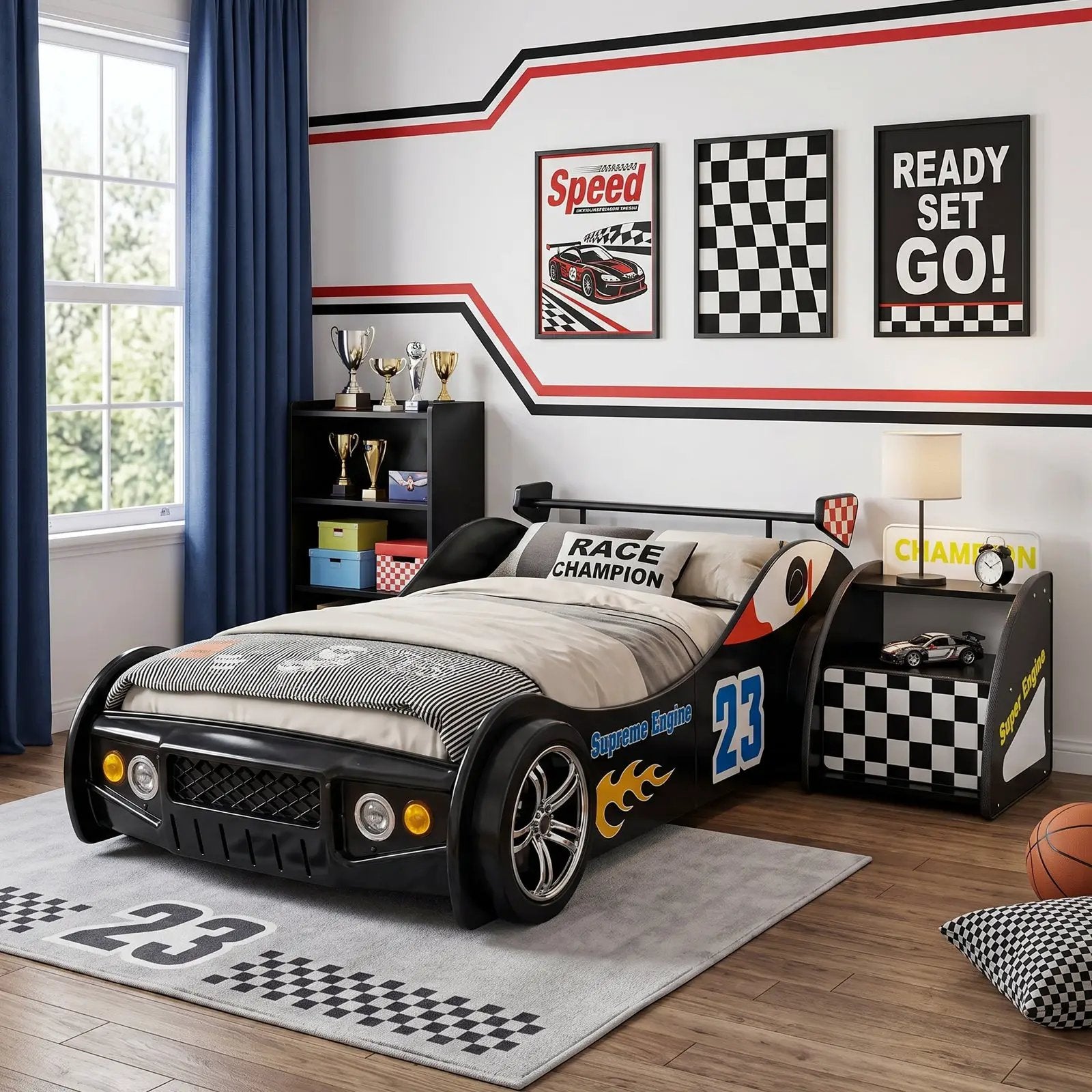 Kids Racing Car Nightstand with Open Storage Shelf by HouseOfZazla