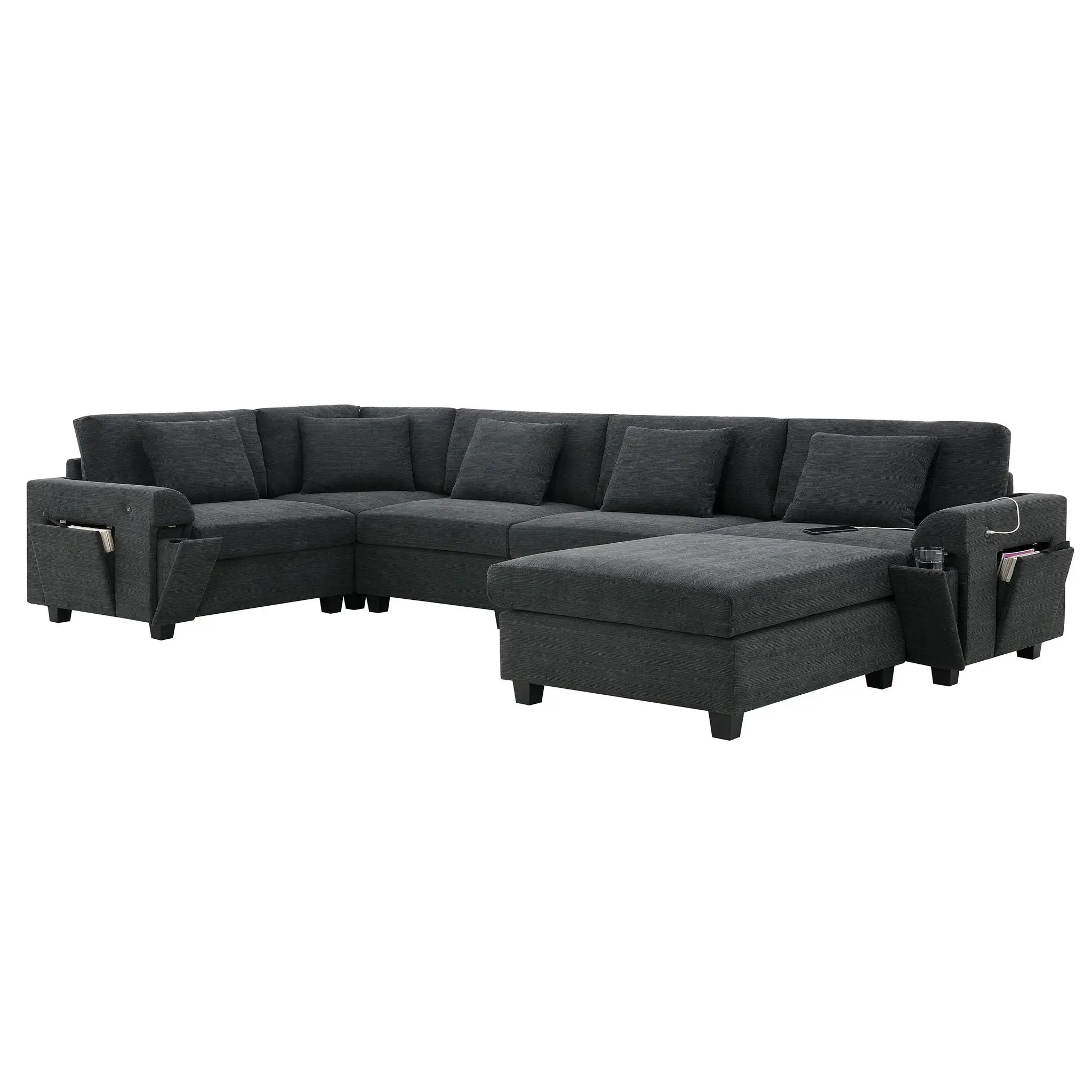 U Shaped Sectional Sofa 6 Seat Couch Set With Oversized Ottoman, Hidden Armrest Storage And Cup Holders USB Charging Ports Wide Seat Sofa by HouseOfZazla