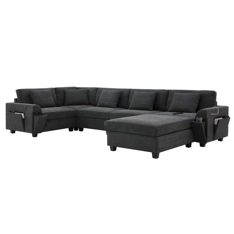U Shaped Sectional Sofa 6 Seat Couch Set With Oversized Ottoman, Hidden Armrest Storage And Cup Holders USB Charging Ports Wide Seat Sofa by HouseOfZazla