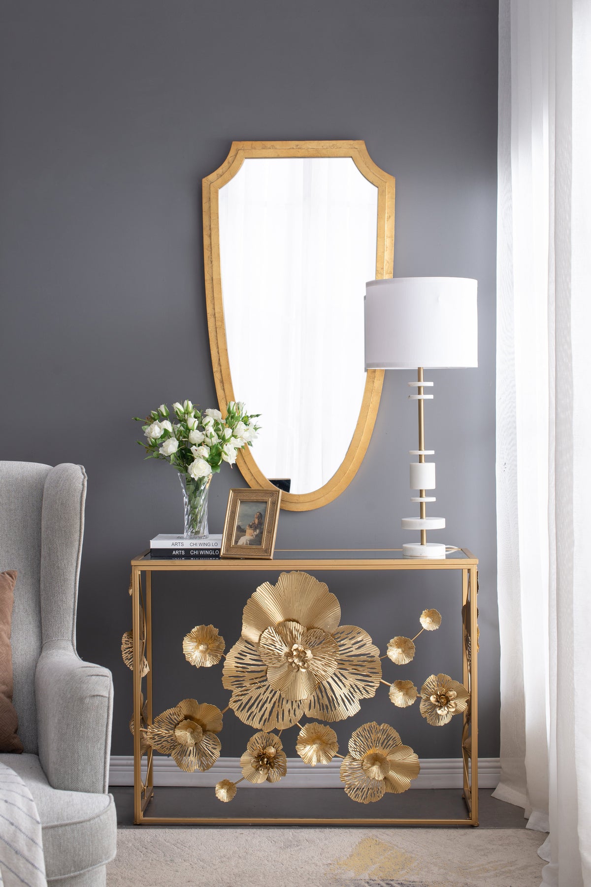 White Marble Table Lamp with Brass Frame and Drum Shade - White, photo 8 of 10