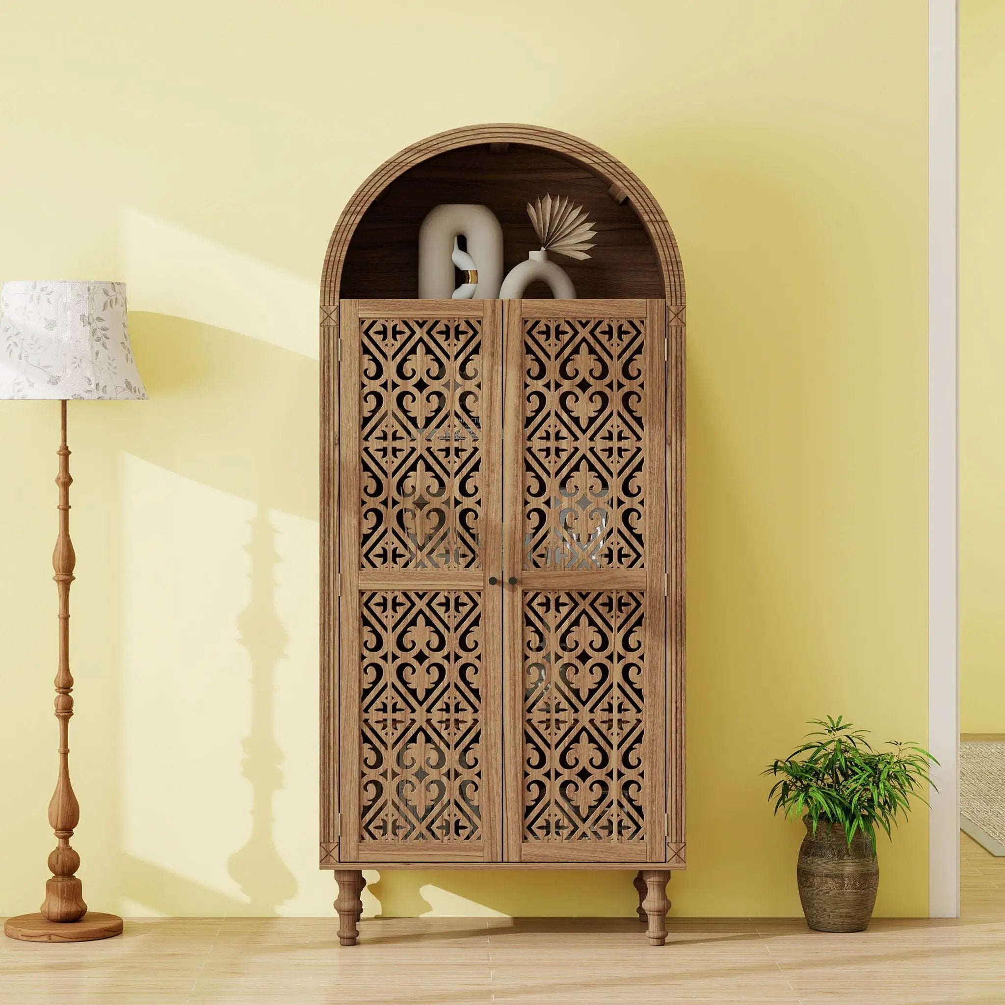 Tall Kitchen Pantry Cabinet With Hollow Carved Doors Adjustable Shelves Versatile Storage Cabinet For Kitchen - Walnut by Unique Piece Furniture