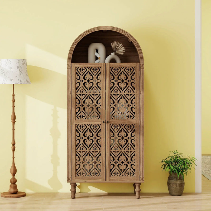 Tall Kitchen Pantry Cabinet With Hollow Carved Doors Adjustable Shelves Versatile Storage Cabinet For Kitchen - Walnut by Unique Piece Furniture