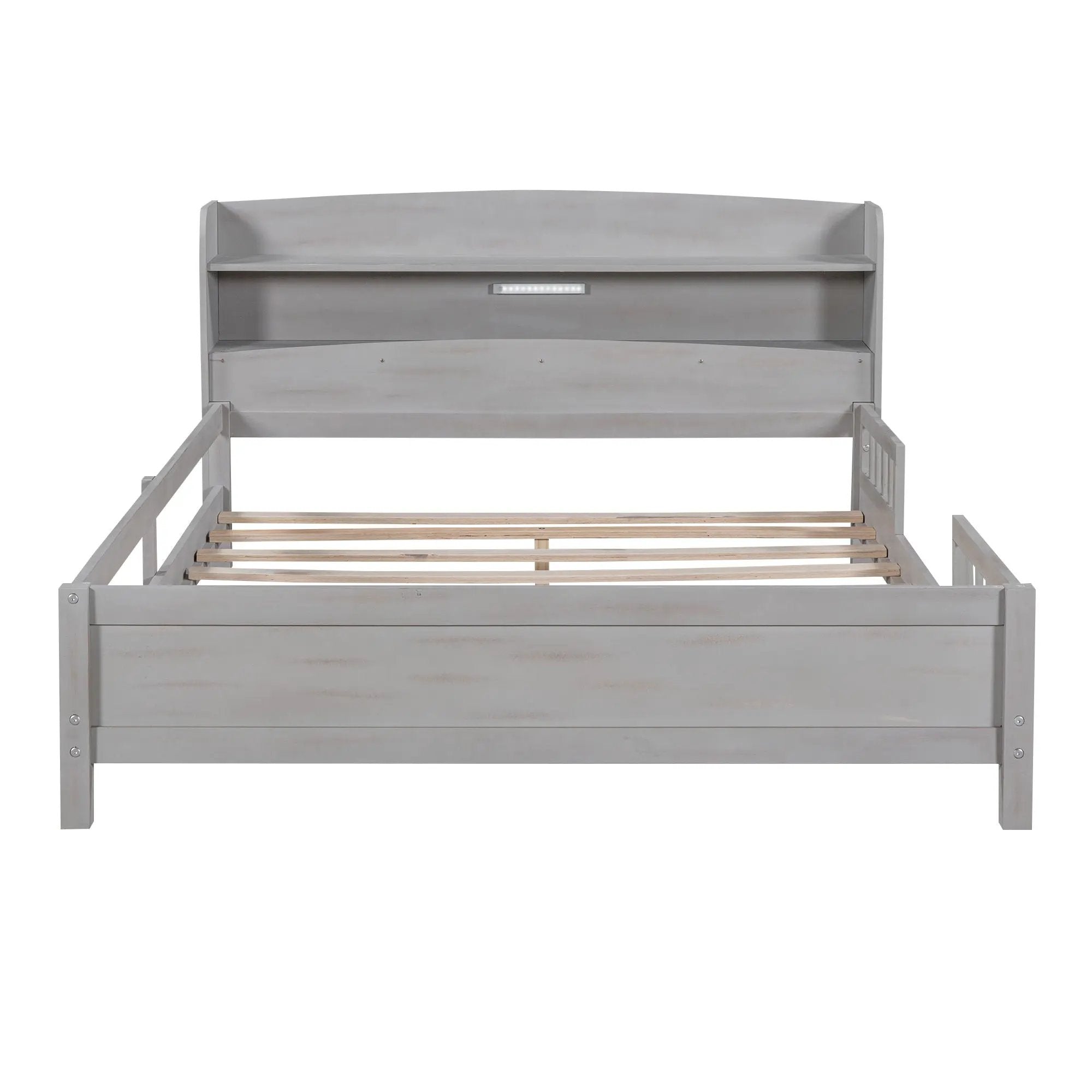 Wood Platform Bed With Built In LED Light, Storage Headboard And Guardrail