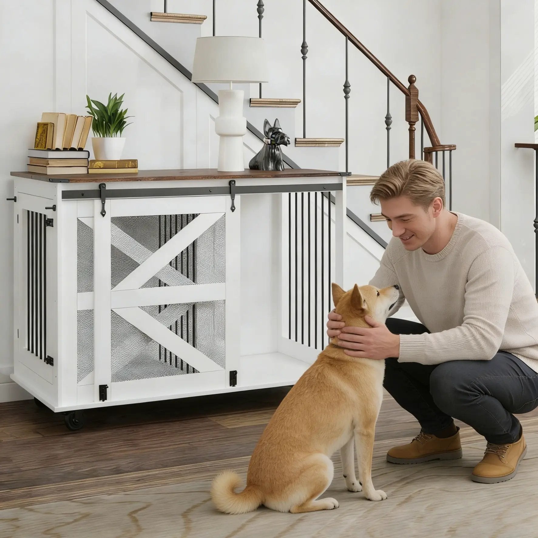 Mobile Dog Crate With Flip Top Feeding Door, Dual Access & 5 Caster System (2 Locking) - Brown White by HouseOfZazla