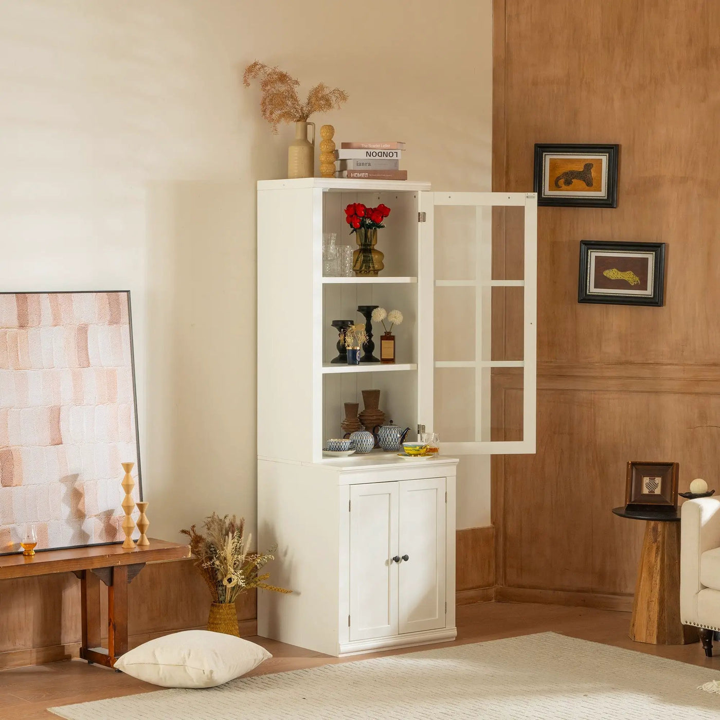 Retro Style Hutch Cabinet With Glass Door, China Cabinet For Home by Unique Piece Furniture