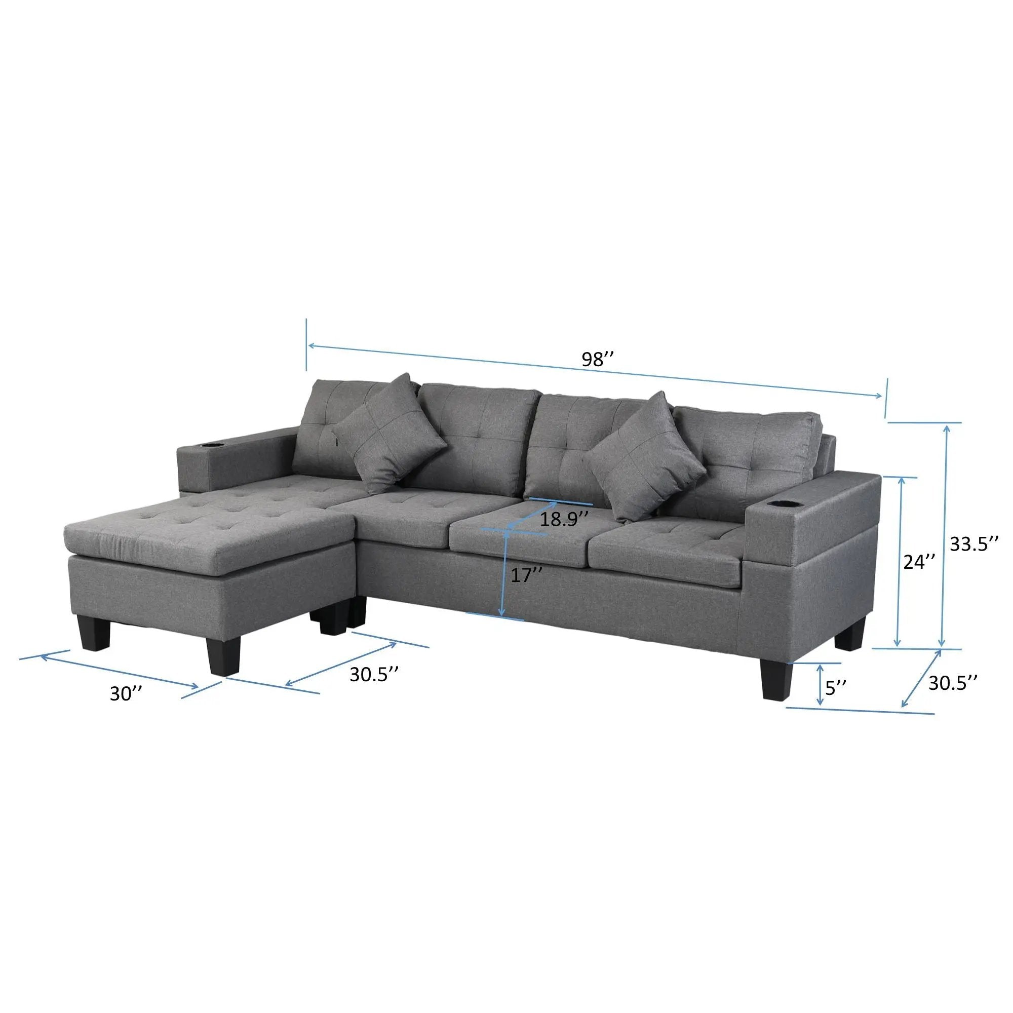 Modern Sectional Sofa Set With L Shape Chaise Lounge, Cup Holder, 4 Seat - Gray by Unique Piece Furniture
