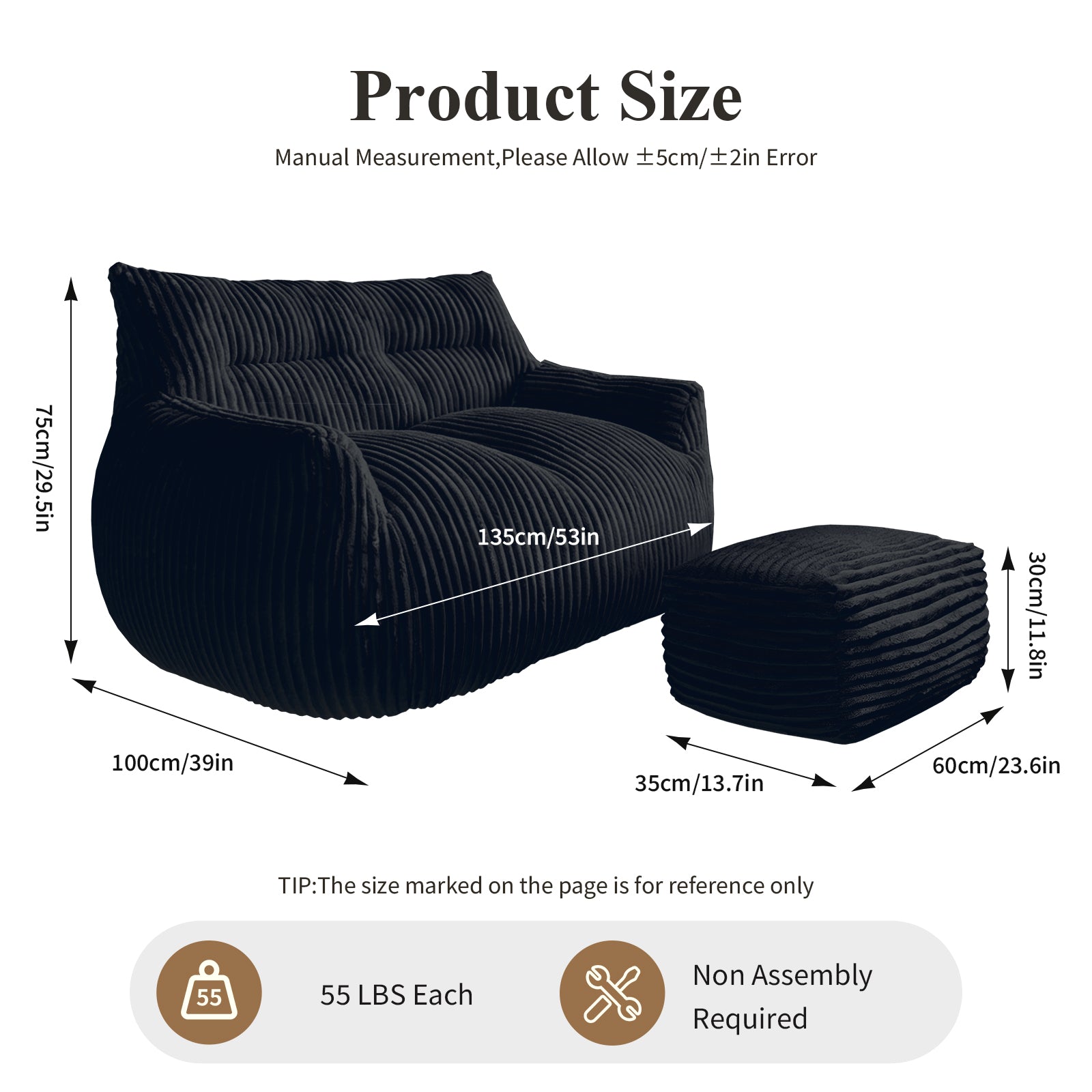 Double Sofa with Footrest Cloud-Love Oversized 2-Seater Fluffy Bean Bag Chair by HouseOfZazla