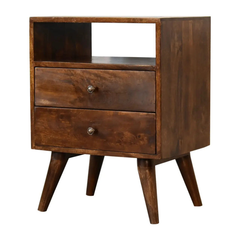 Classic Chestnut Nightstand, 2-Drawers, 1 Open-Slot, Nordic Legs by HouseOfZazla