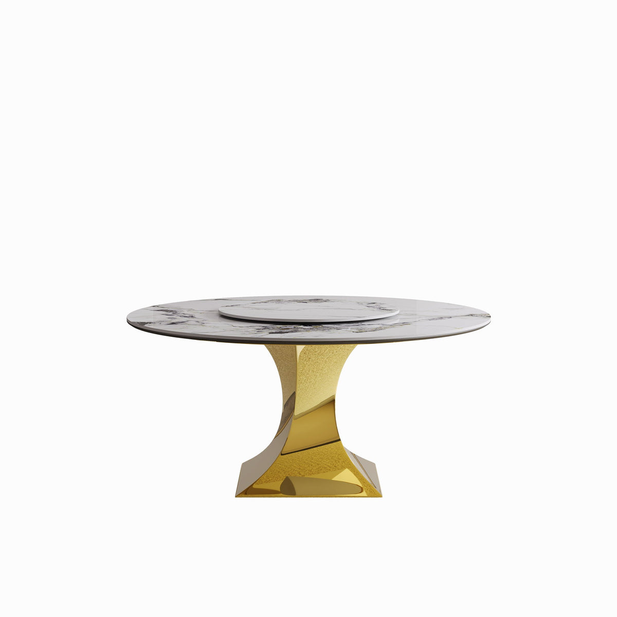 Luxury Round 59" Sintered Stone Dining Table with 360° Rotating Lazy Susan - Golden / White