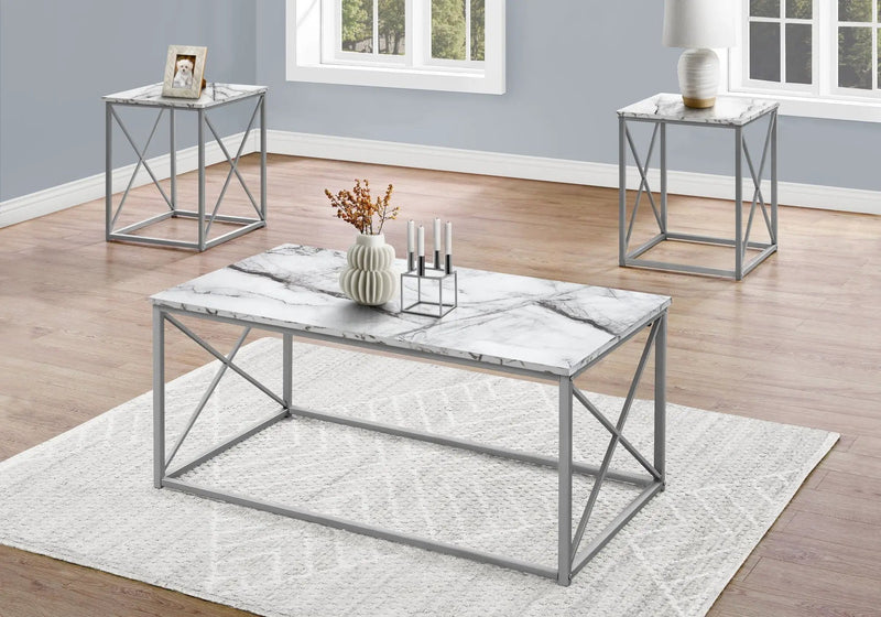 Table Set, Coffee, End, Side, Accent, Living Room, Marble Look Laminate, Contemporary & Modern (Set of 3) by Unique Piece Furniture