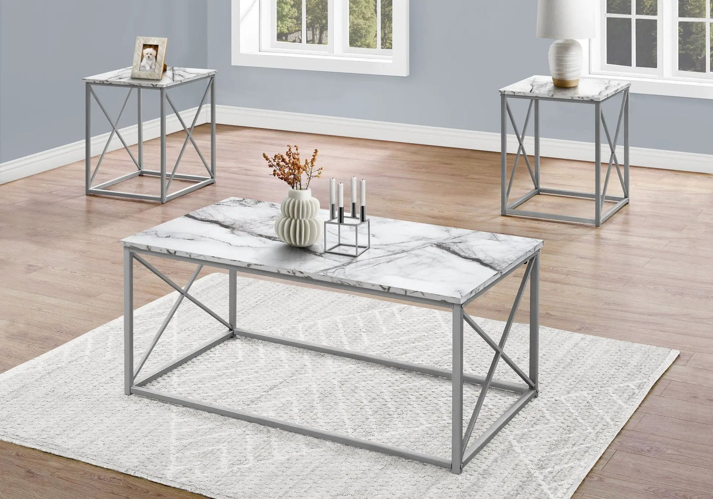 Table Set, Coffee, End, Side, Accent, Living Room, Marble Look Laminate, Contemporary & Modern (Set of 3) by Unique Piece Furniture