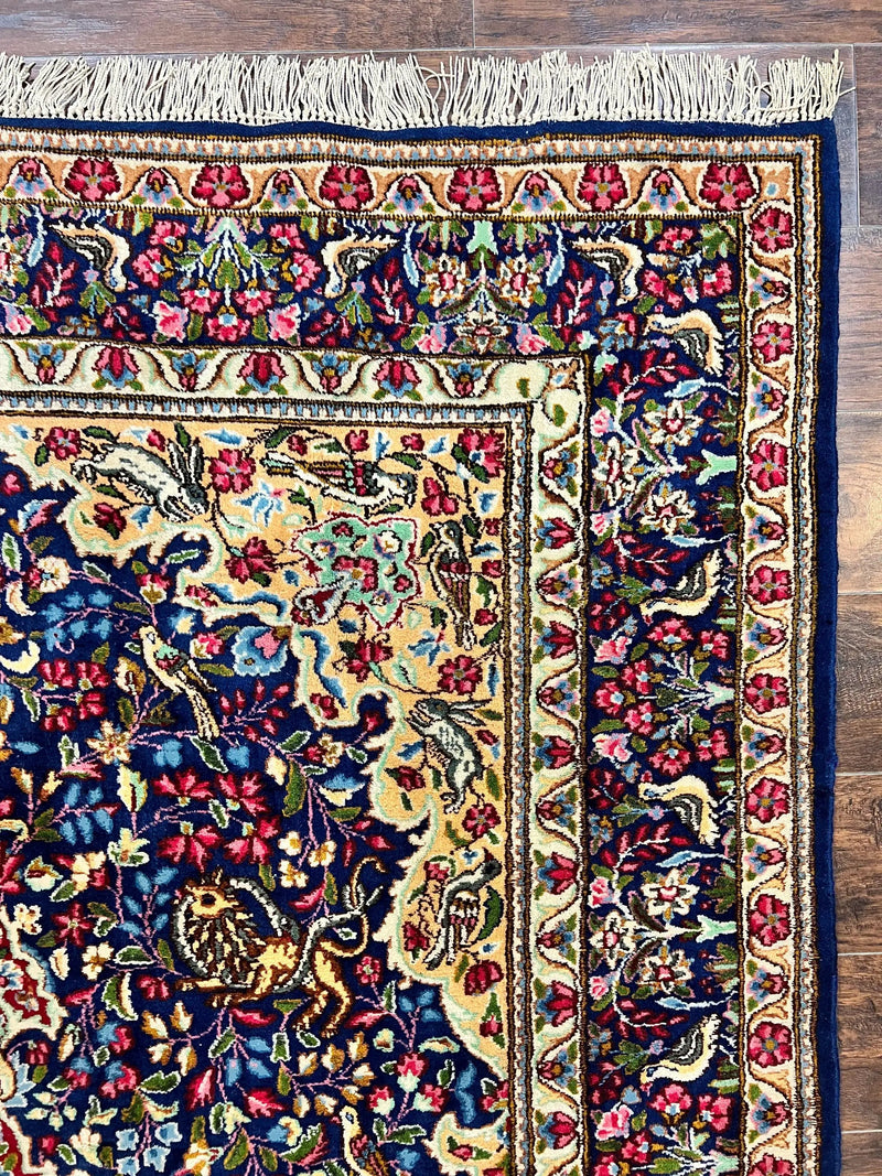 Persian Kirman Rug 6x9, Floral Medallion Vintage Wool Handmade Carpet 6 x 9, Animal Pictorials Birds, Semi Antique, Navy Blue, Millefleur by Jewel Rugs