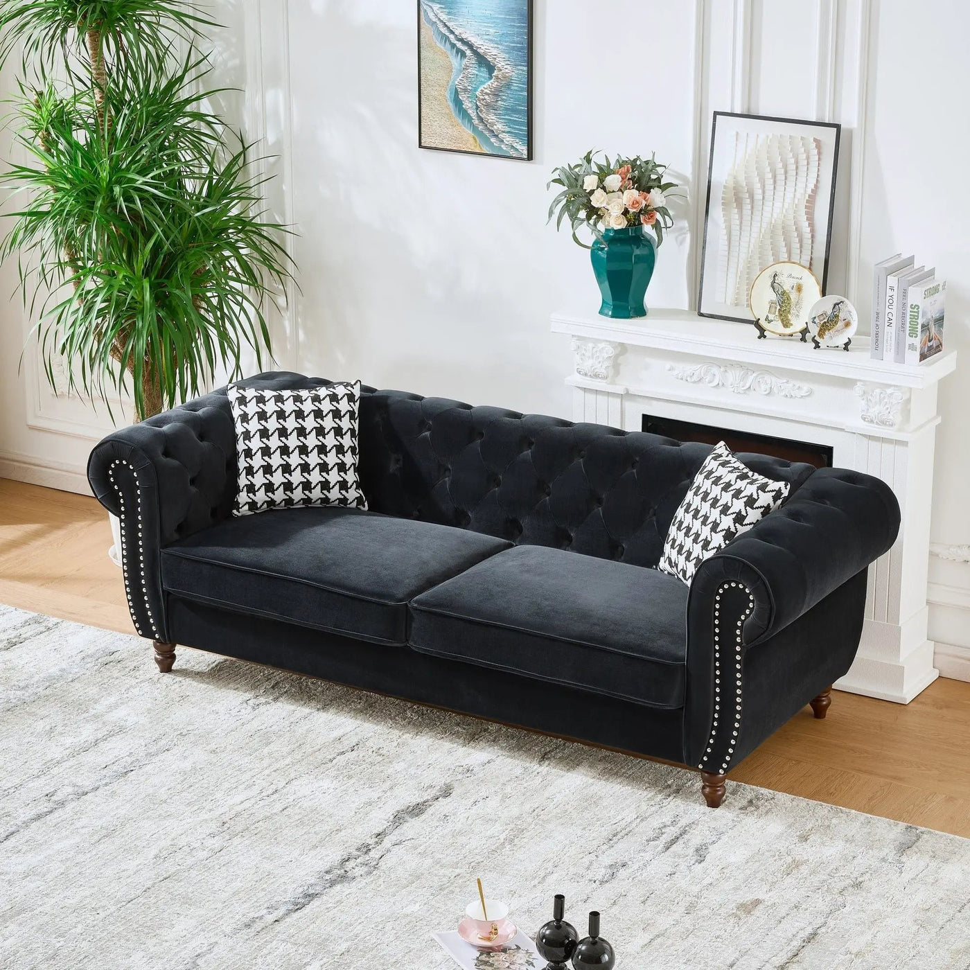 Chesterfield Upholstery Fabric Sofa With Roll Armrest & Nailhead, Mid Century Modern 3 And 3 Seater Couch by HouseOfZazla