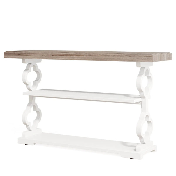 Console Sofa Table With 3 Shelves, Floral Carved Accent - Gray / White