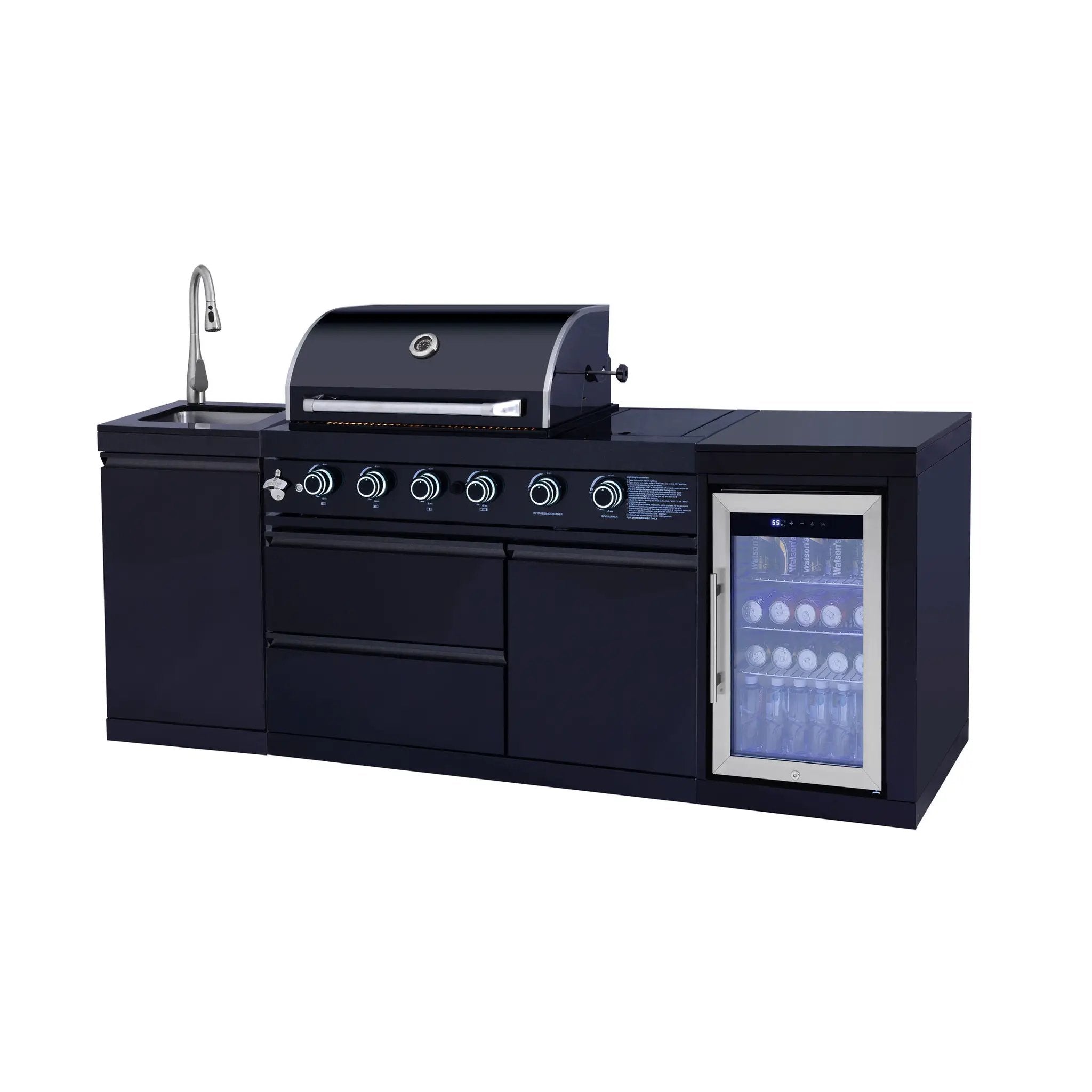 85.2" 4+1 Burner 71,500 BTU Black Outdoor Kitchen Island Grill+ Sink + Refrigerator by Chery Industrial