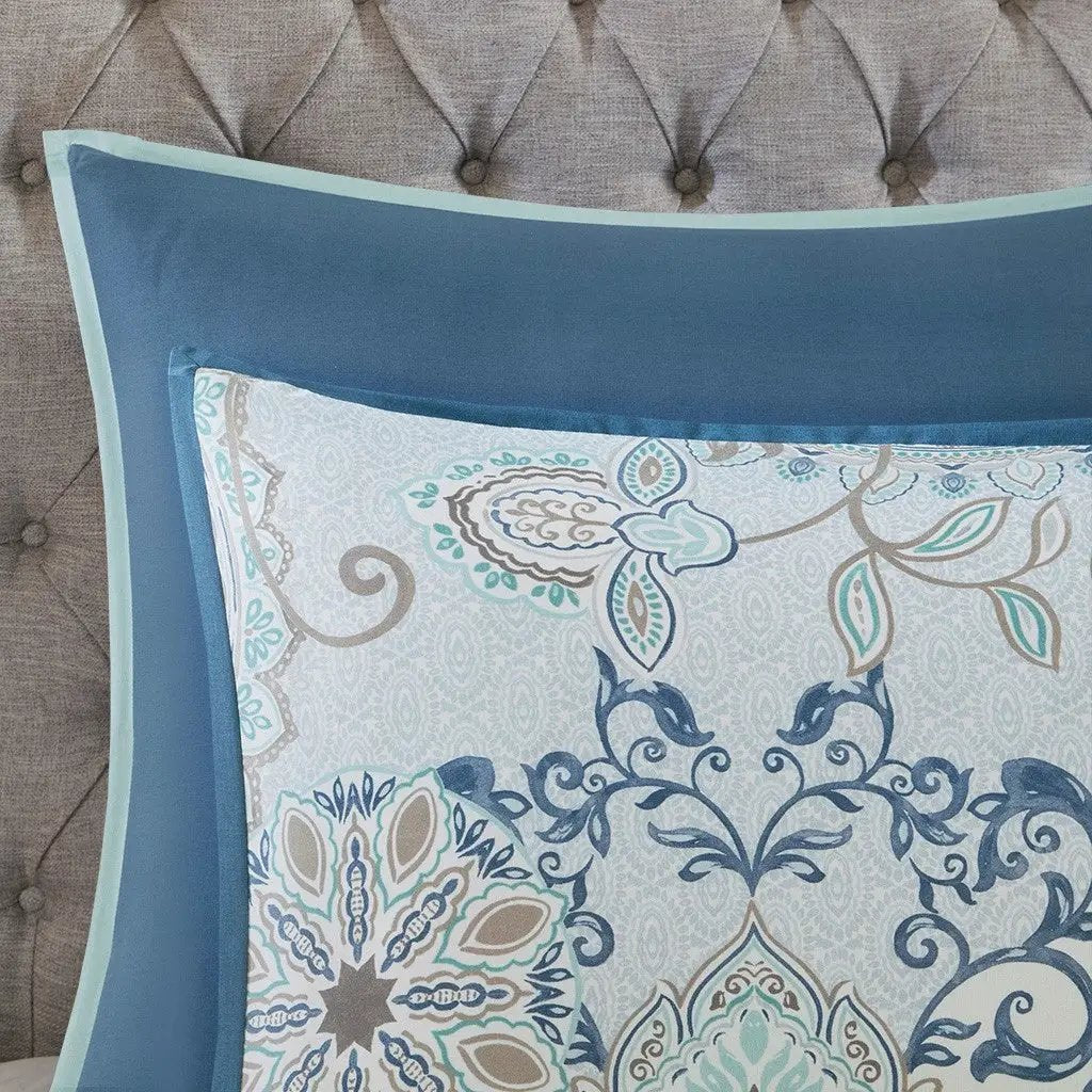 8 Piece Cotton Floral Printed Reversible Comforter Set Blue by HouseOfZazla