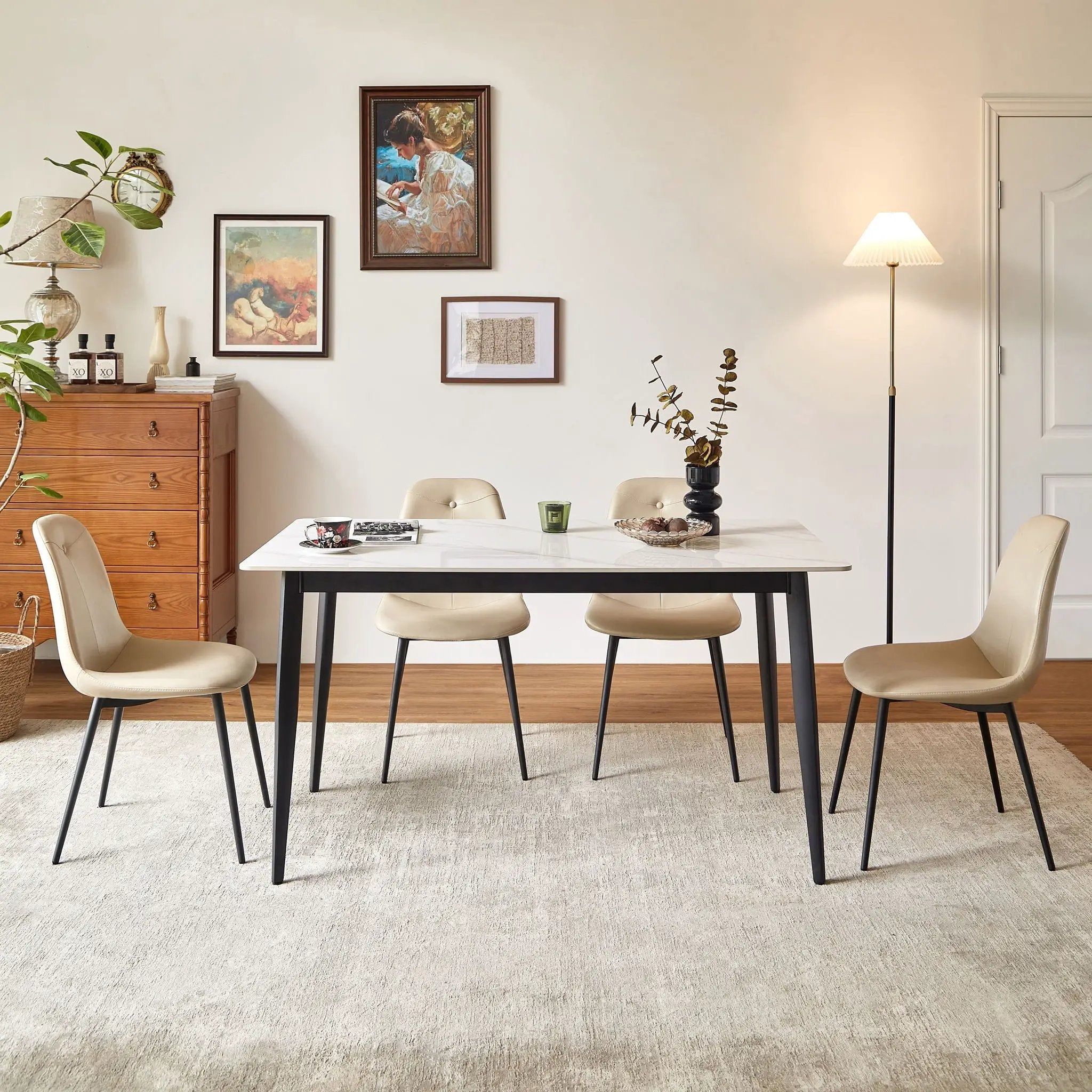Dining Table Round White Sintered Stone Top Heavy Duty Metal Legs Waterproof Surface For Kitchen Dining Room Or Office Furniture - White / Black by Unique Piece Furniture